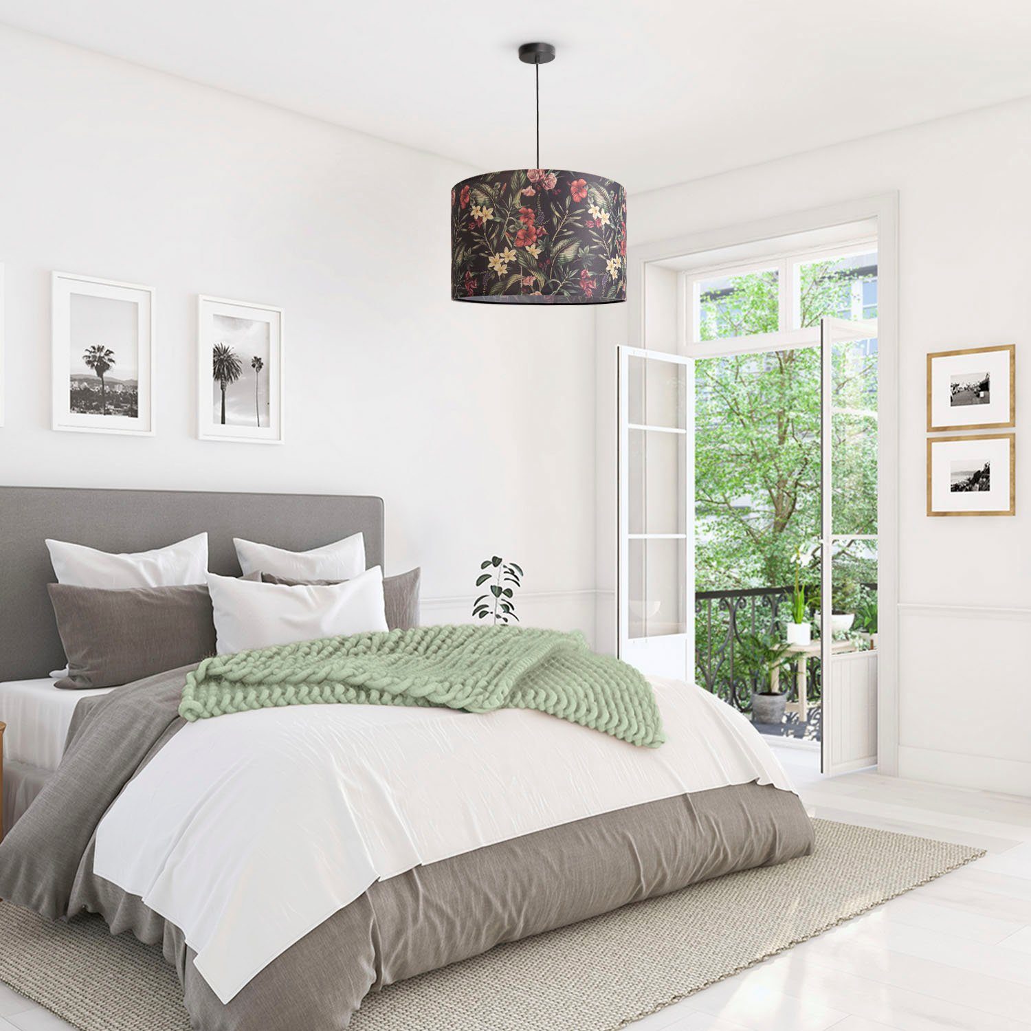 Paco Home Pendelleuchte Hugo Flower, ohne Leuchtmittel, Schlafzimmer Pendelleuchte Wohnzimmer Blumen Stoff Lampenschirm
