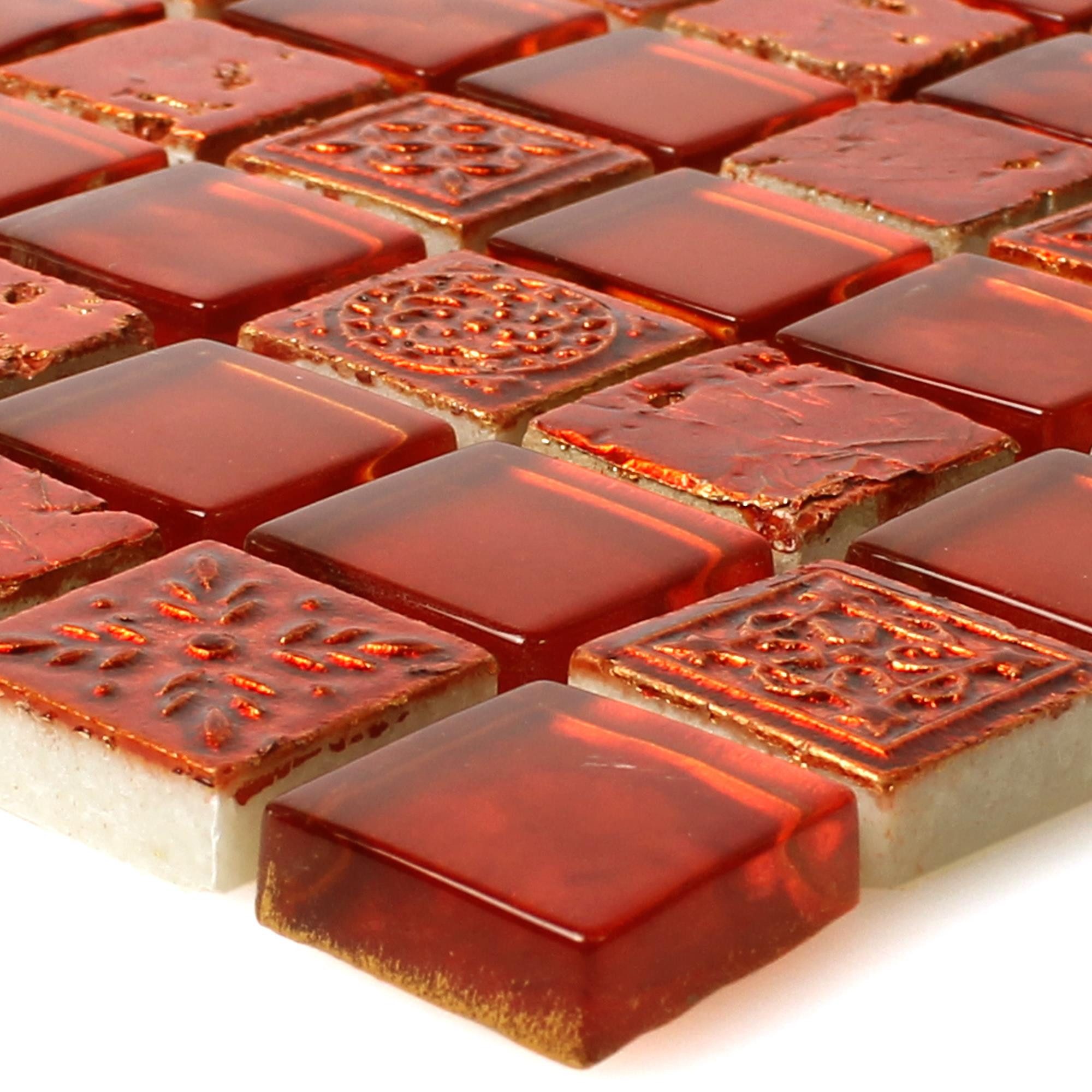 Mosafil Mosaikfliesen Mosaikfliesen Georgia Glas Naturstein Mix, Naturstein-Glas 30.000x30.000, rot, Verlegefertig auf ein Netz geklebt