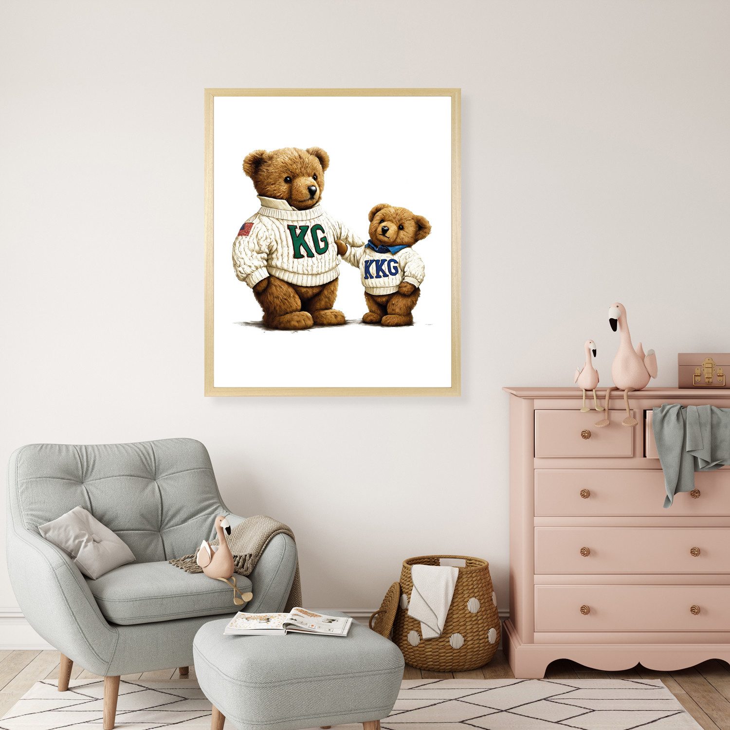 queence Bild mit Rahmen Vintage Teddy Bär groß & klein, Bär, Bären, Fashion, Figuren, Mode, Modebilder, HD Premium Poster-Druck inkl. Echtholzrahmen in beige