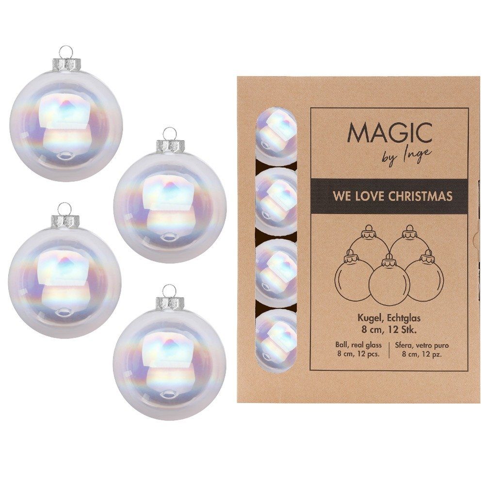 MAGIC by Inge Weihnachtsbaumkugel, Weihnachtskugeln Glas 8cm 12 Stück - Klar Irisierend
