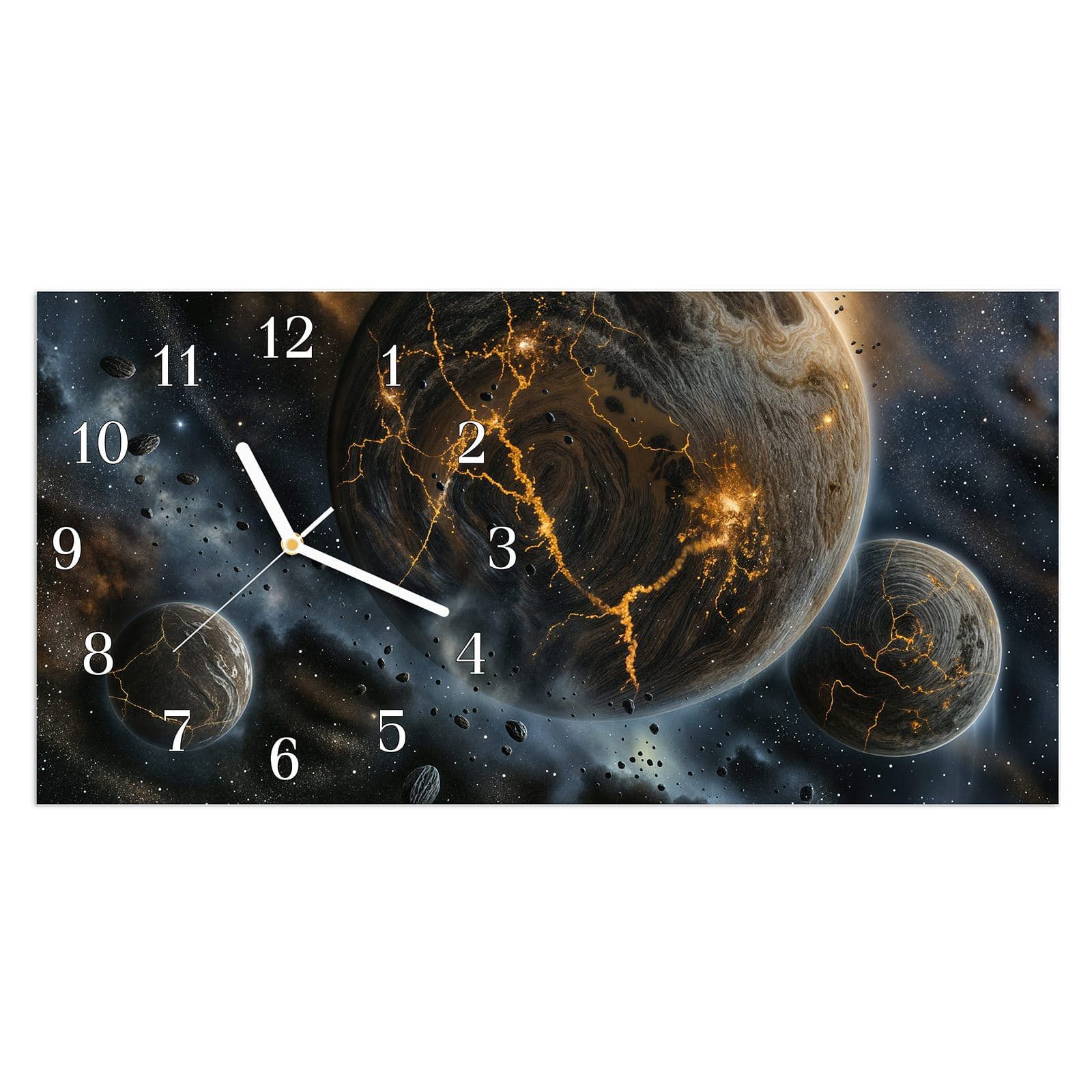 Wanduhr Glasuhr Wandkunst Größe 60 x 30 cm mit Motiv Drei Welten