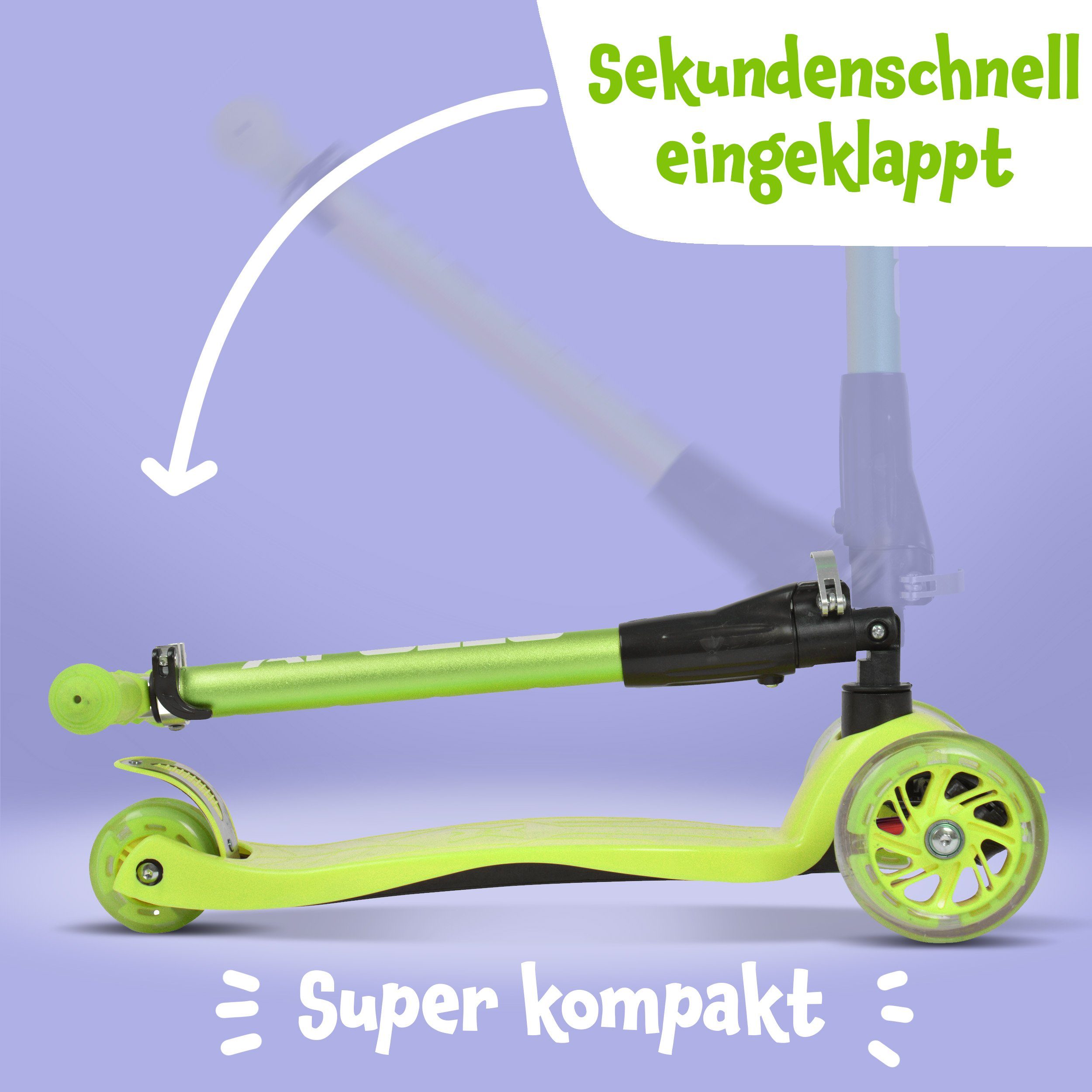 Apollo Dreiradscooter Kinderroller Kids Whiz LED 3-Rad Scooter ab 3 Jahren Tretroller, Klappbarer und höhenverstellbarer Kinder Scooter mit LED Wheels – Bild 5 von 5