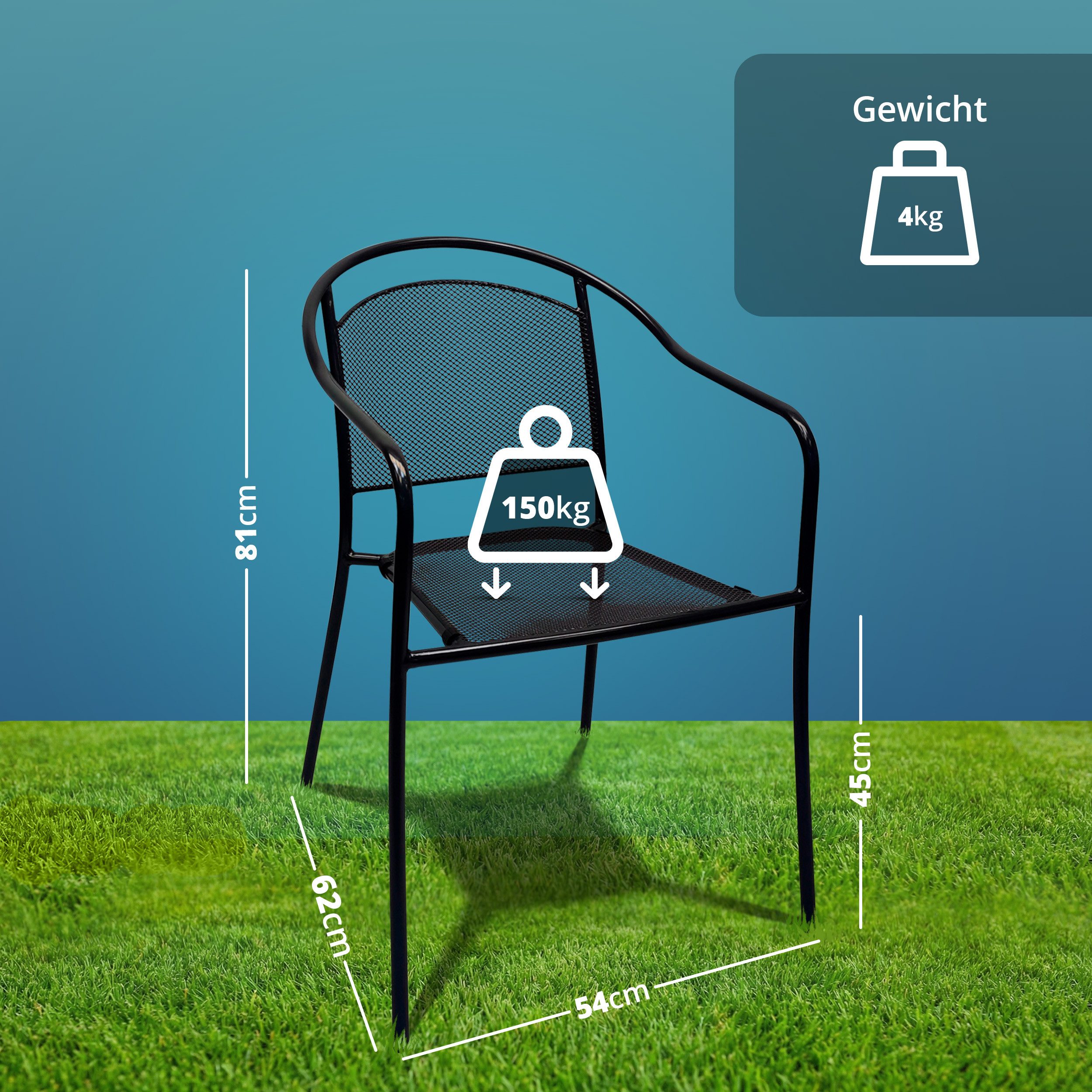 KHG Gartenstuhl mit Armlehnen & Gittergeflecht Anthrazit, bis 150 kg belastbar, aus Stahl mit E-Coating-Beschichtung, bis 150 kg belastbar, stapelbar – Bild 4 von 5