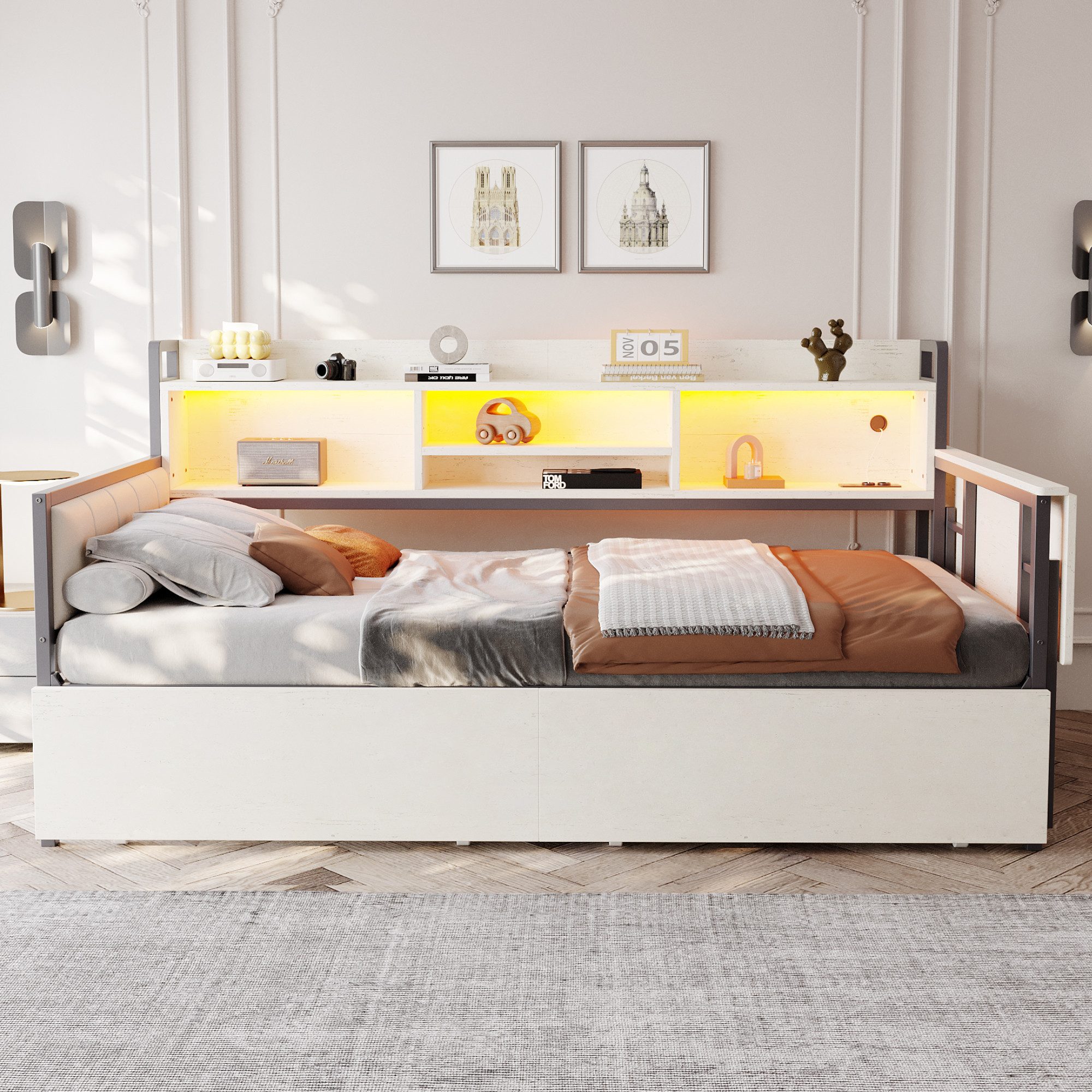 Flieks Daybett, Metallbett Kinderbett 90x200cm mit LED Aufladen Schubladen Klapptisch