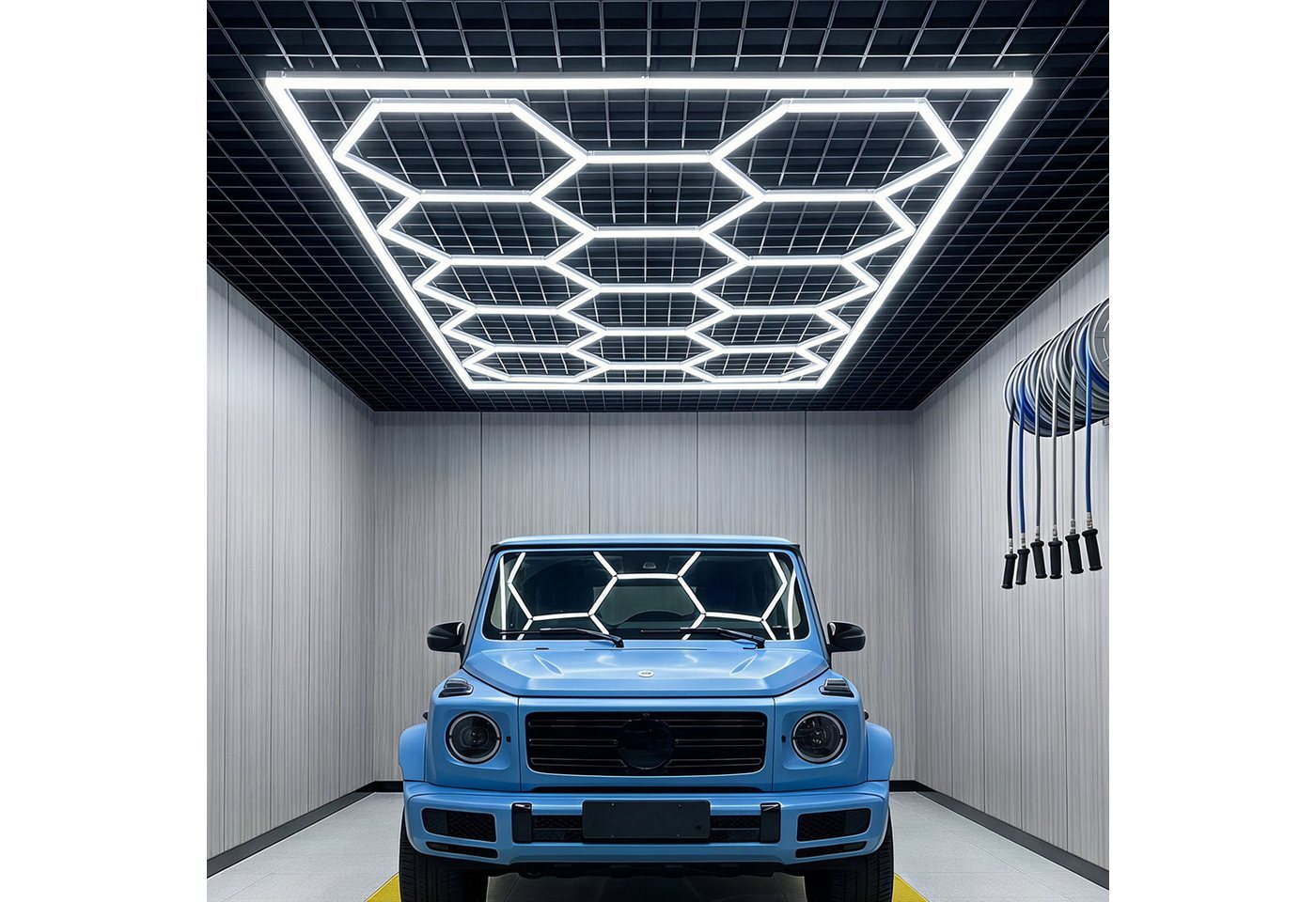 oyajia Deckenleuchten 14 Packs Hexagon mit Rand, LED Deckenleuchte Garage Light 680W 72800lm, Kaltweiß, DIY LED Dekolicht für Garage, Studio, Parkplatz, Auto-Detailing-Shop