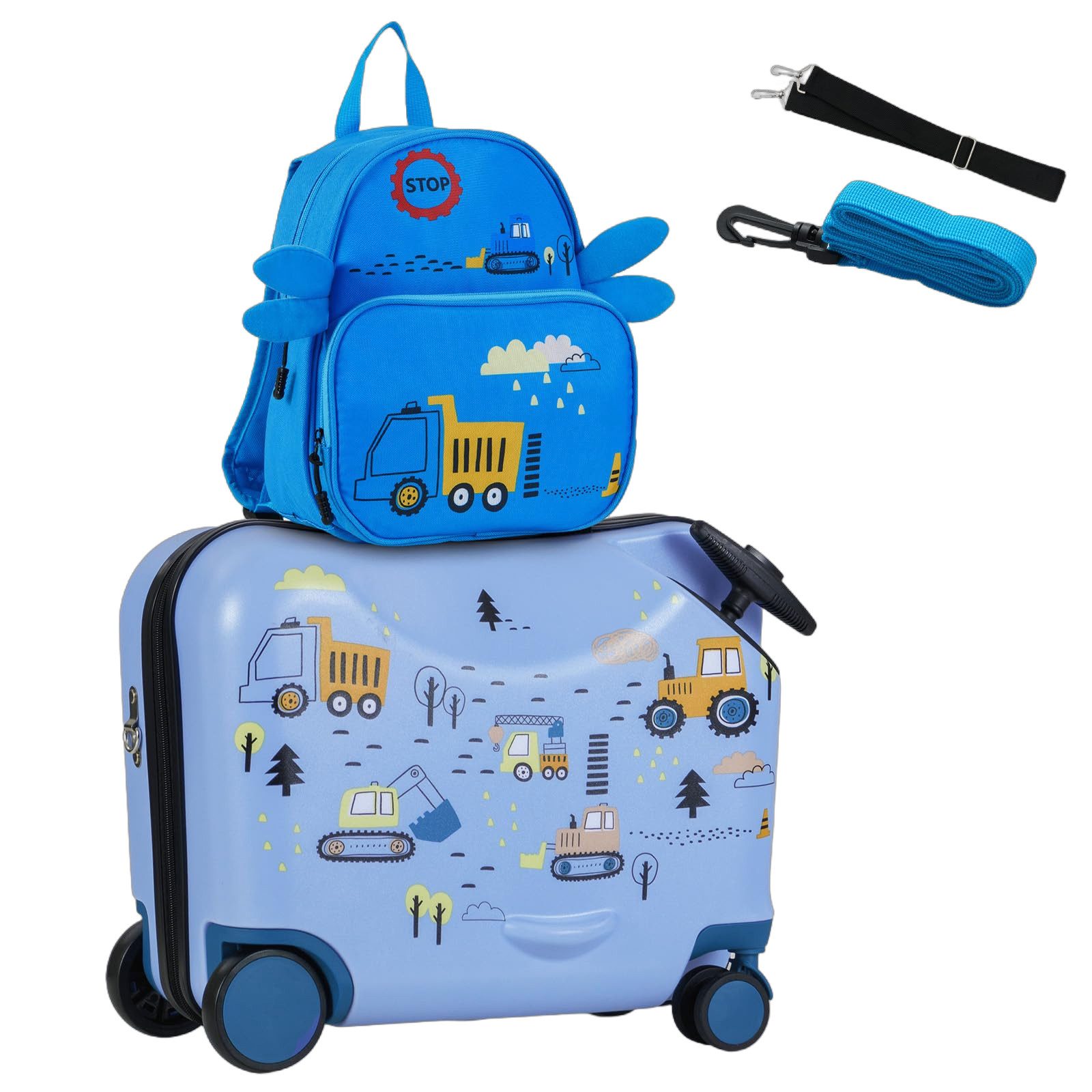COSTWAY Kinderkoffer 12"+18" Kindertrolley, zum sitzen, mit 4 Rollen & Rucksack