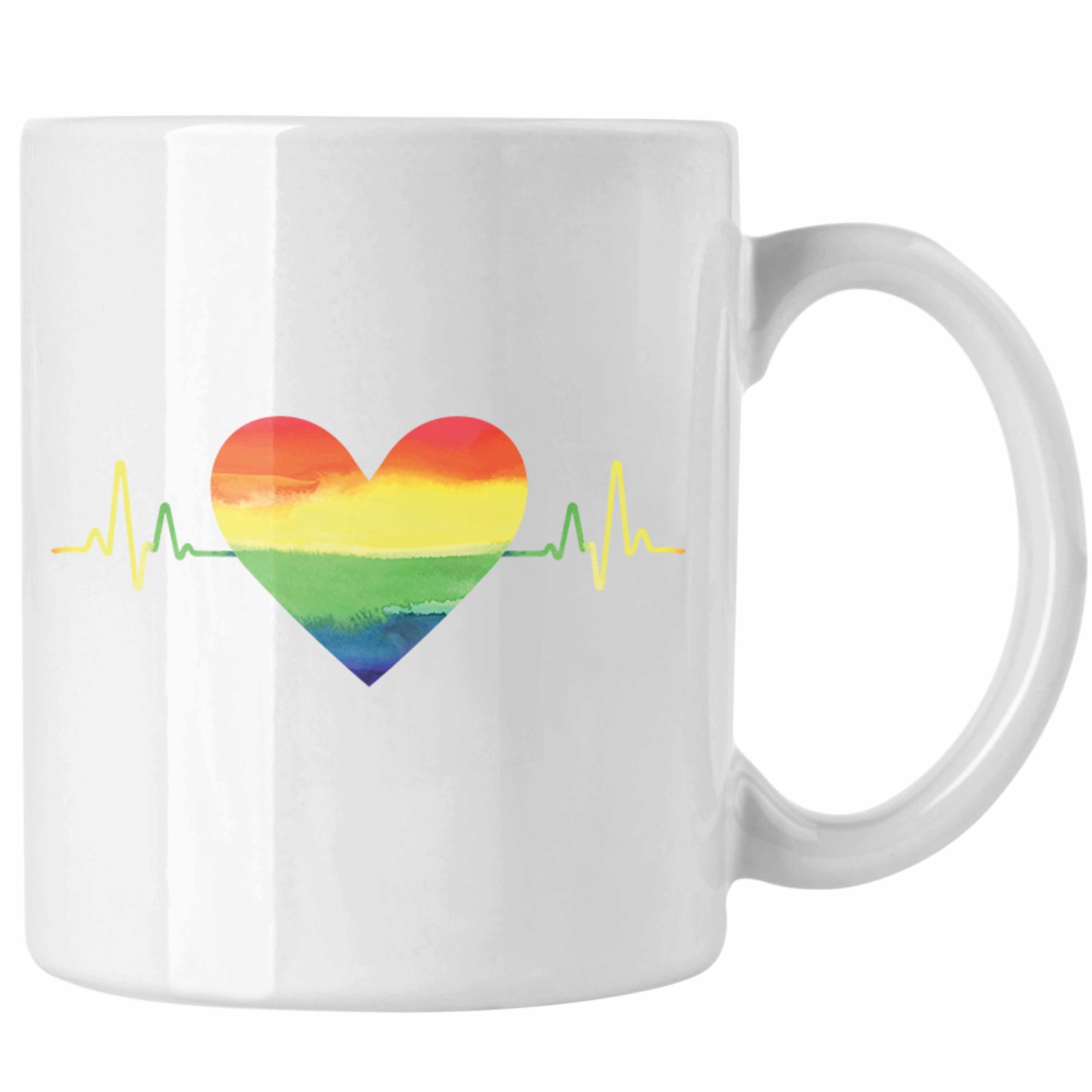 dufte Trendation Tasse Trendation - Schwule LGBT Regenbogen Tasse Transgender Geschenk Herzschlag Grafik Lesben Pride Weiss