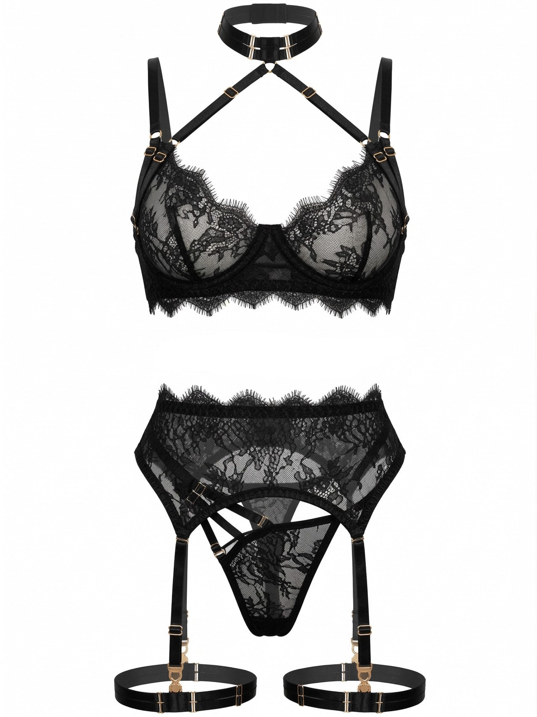 Elegant Love Set: Bügel-BH Damenunterwäsche Reizwäsche – Lingerie für besondere Anlässe (Set, 4-tlg., BH, Strapsgürtel, Tanga, Beinbänder) Dessous-Set aus feinem Spitzen-Mesh mit dekorativen Strapsdetails