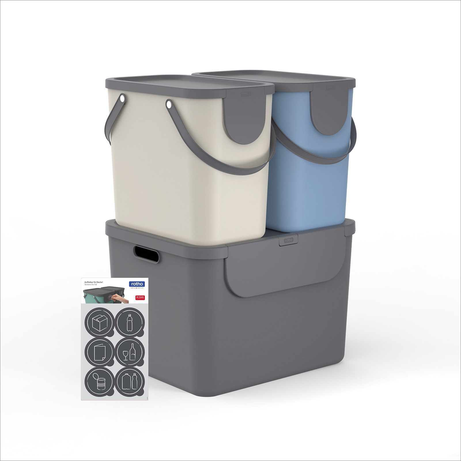 ROTHO Mülltrennsystem ALBULA Mülleimer Set 55 l und 2x25 l Behälter mit Deckel stapelbar, Modulares Mülltrennsystem für flexible Abfallorganisation