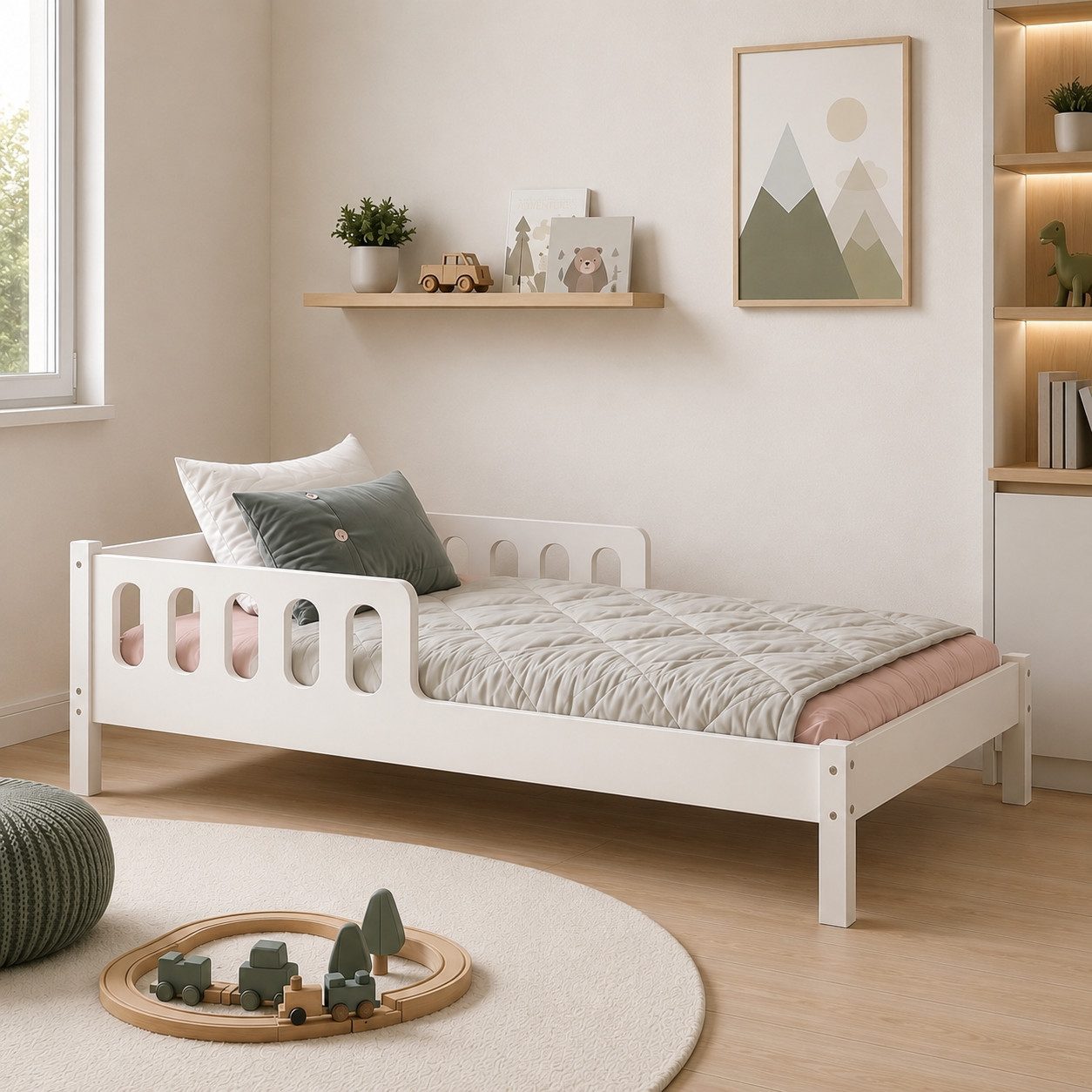 CADANI Kinderbett FINN mit Rausfallschutz, Roll-Lattenrost - bis 200 kg belastbar (80x160 cm Jugendbett, Weiß, ohne Schubladen, inkl. Roll-Lattenrost), Rausfallschutz, Kiefer massiv, bis 200 kg belastbar