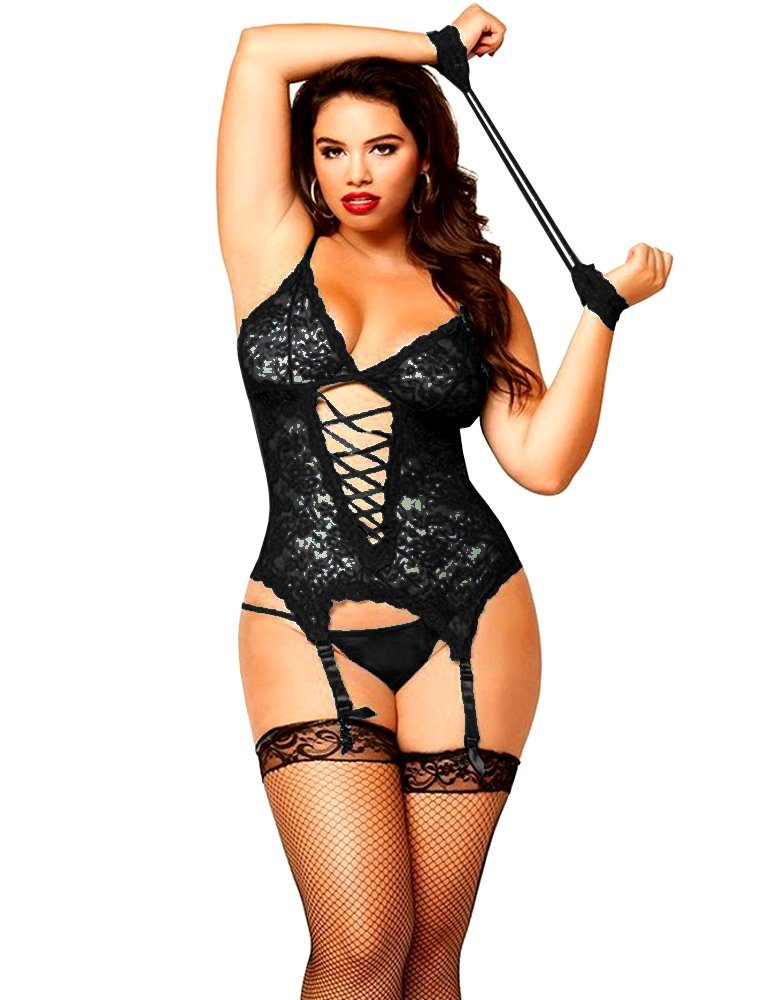 Lau-Fashion Negligé Spitze Dessous Schwarz Corsage Reizwäsche Strapshalter String L/XL