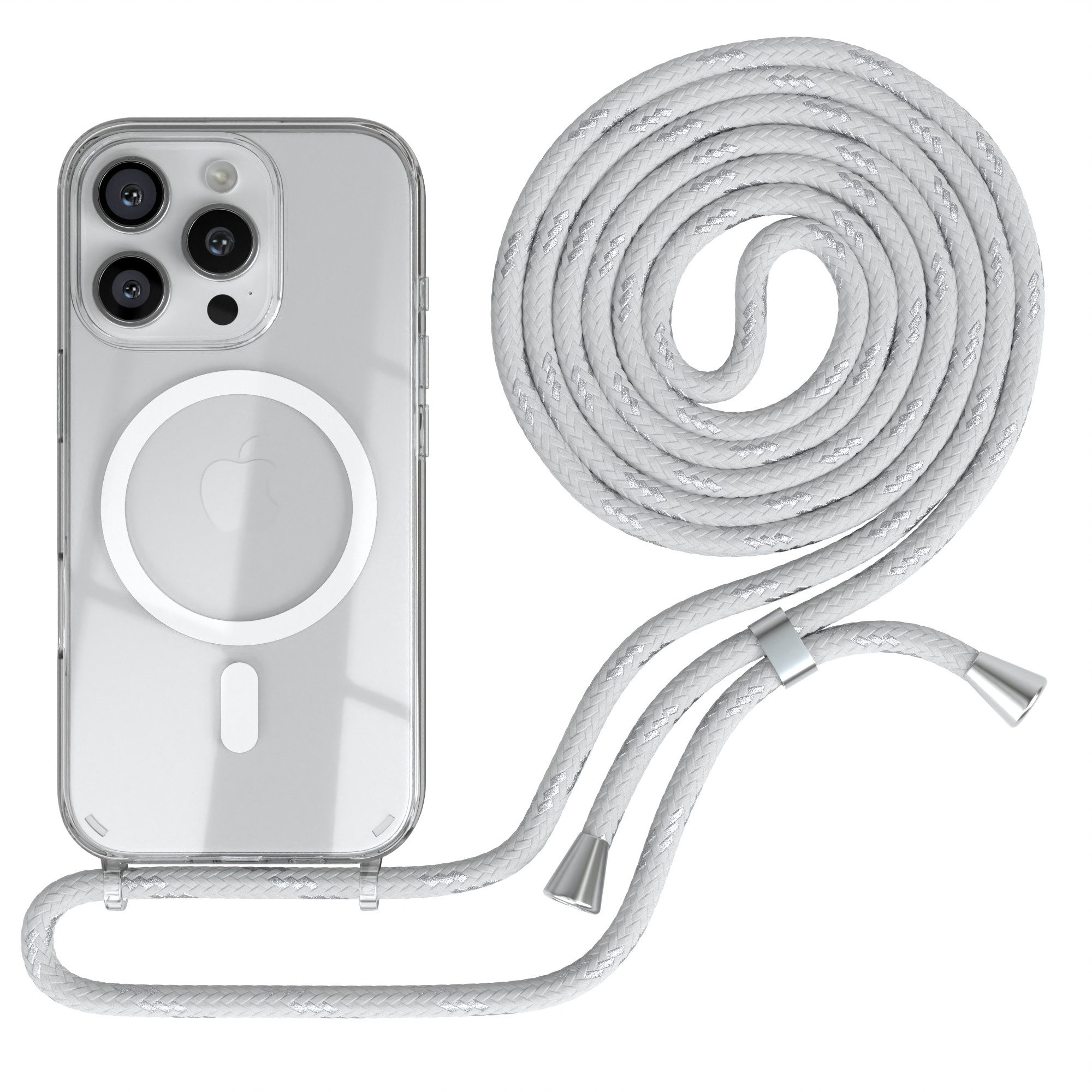 EAZY CASE Handykette mit Magsafe Hülle für Apple iPhone 16 Pro 6,3 Zoll, Handykordel Qi-Case Slimcover mit Umhängeband zum Umhängen Weiß Silber