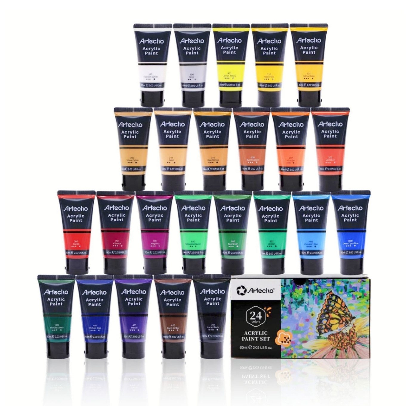 Artecho Acrylfarbe 24 x wasserfesten Acrylfarben, je 60 ml Tuben mit Klappverschluss, für Papier, Ton, Holz, Steine – zum Reisen, Malen & Freude verschenken
