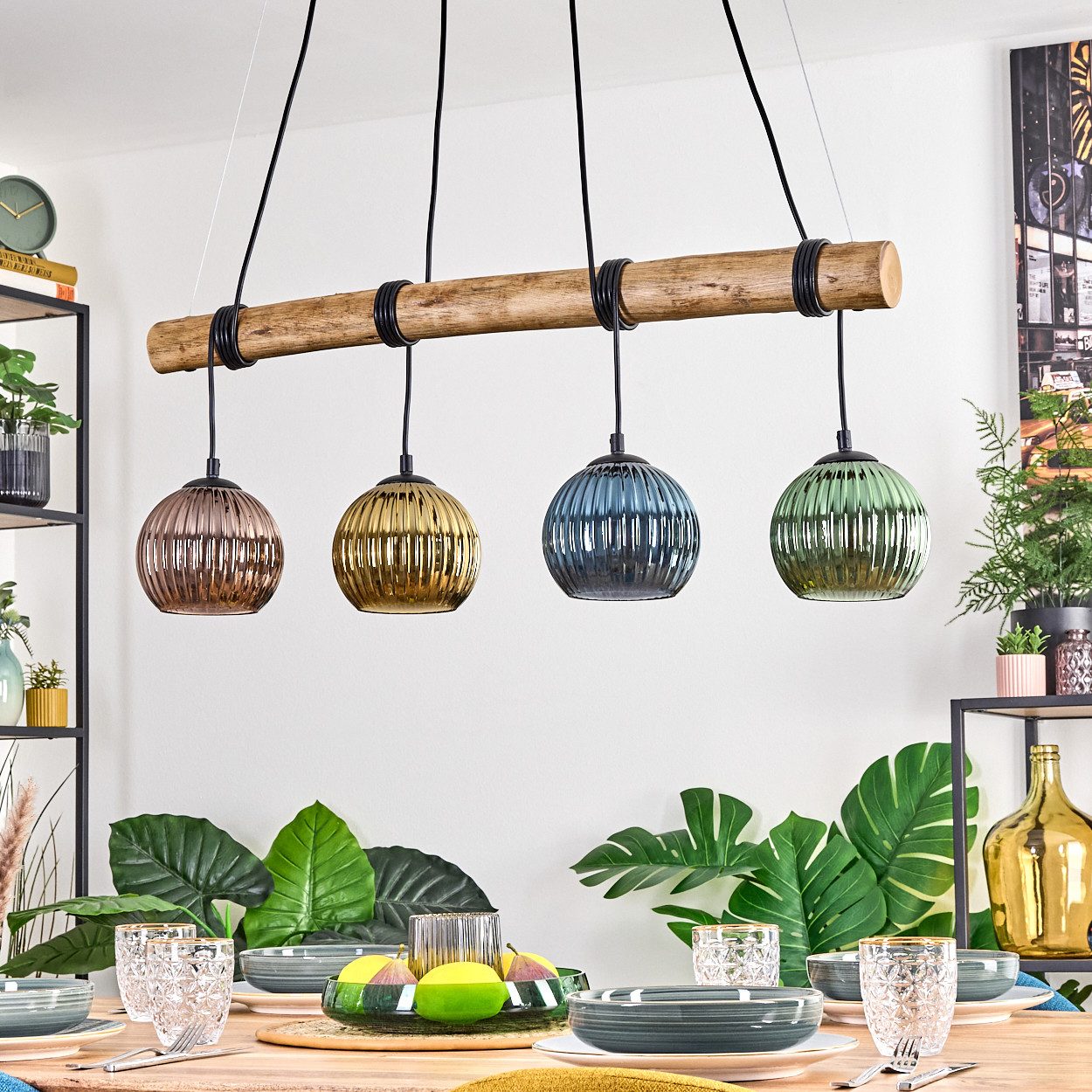 hofstein Pendelleuchte Hängelampe aus Metall/Holz/Glas in Schwarz/Natur/Gol günstig online kaufen