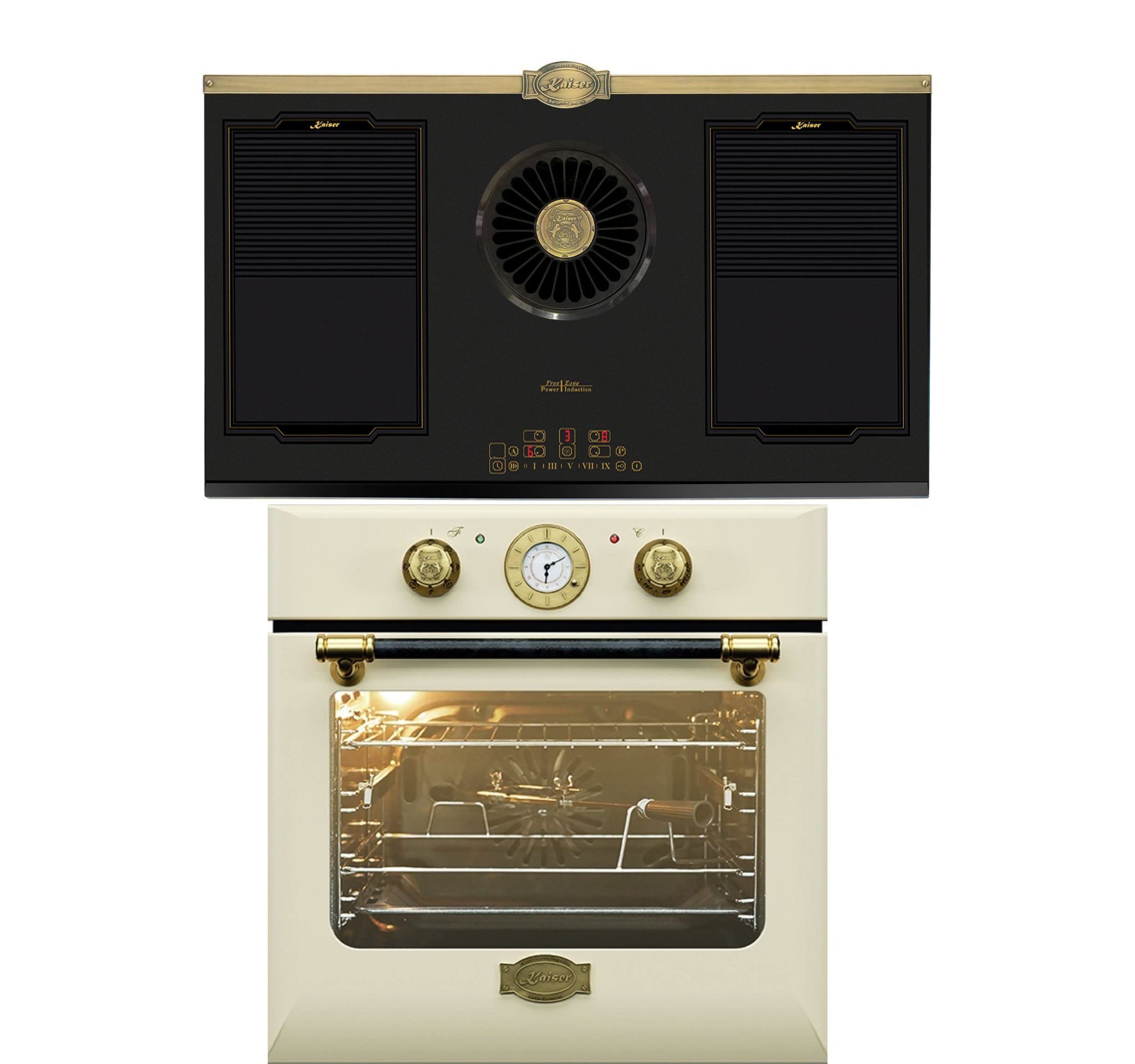 Kaiser Küchengeräte Backofen-Set Herd Set Autark Retro Einbau Backofen Elektro, Autark, 68 L, Drehspieß, 10 Funktionen+Retro Induktionskochfeld mit integriertem Dunstabzug 1250 m³/h EH 6432 ElfBE Eco+KCT 9365 IEm, mit 1-fach-Teleskopauszug