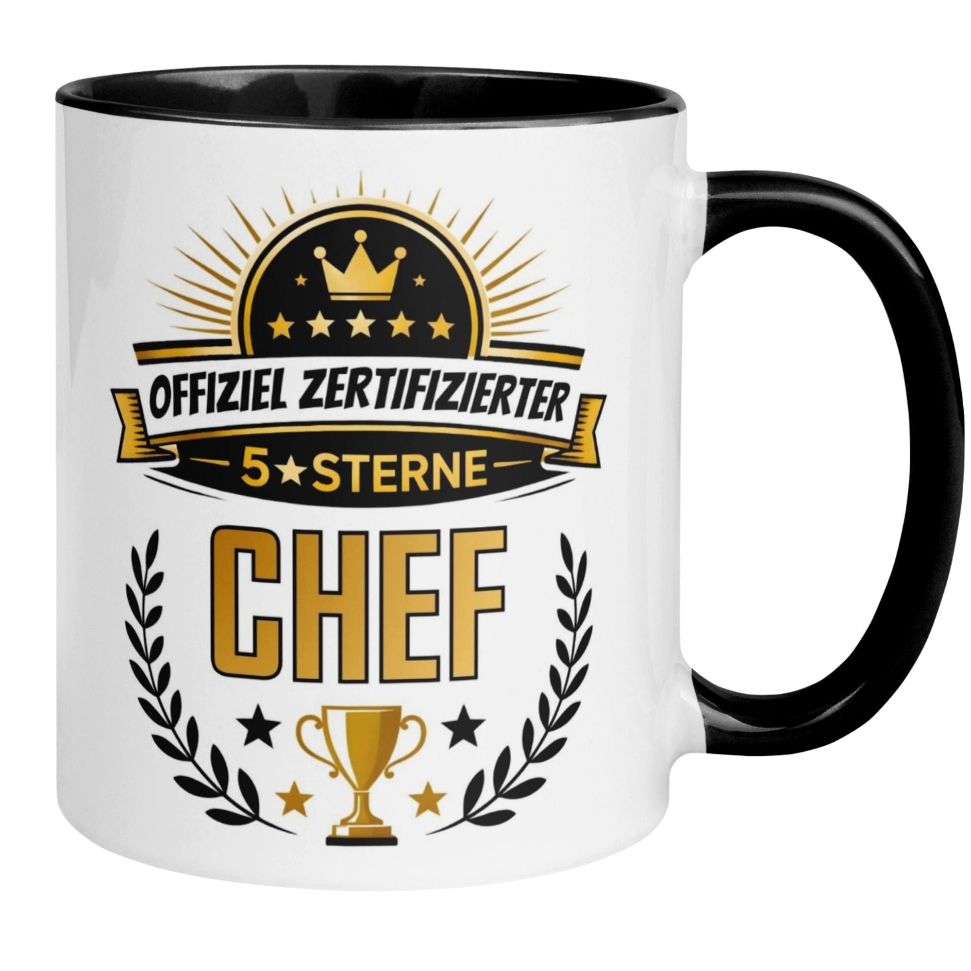 Momentals Tasse Chef – „5 Sterne Pokal“ – Geschenk Becher Bester Chef, 2-seitig bedruckt · Links-&Rechtshänder · Spülmaschinenfest