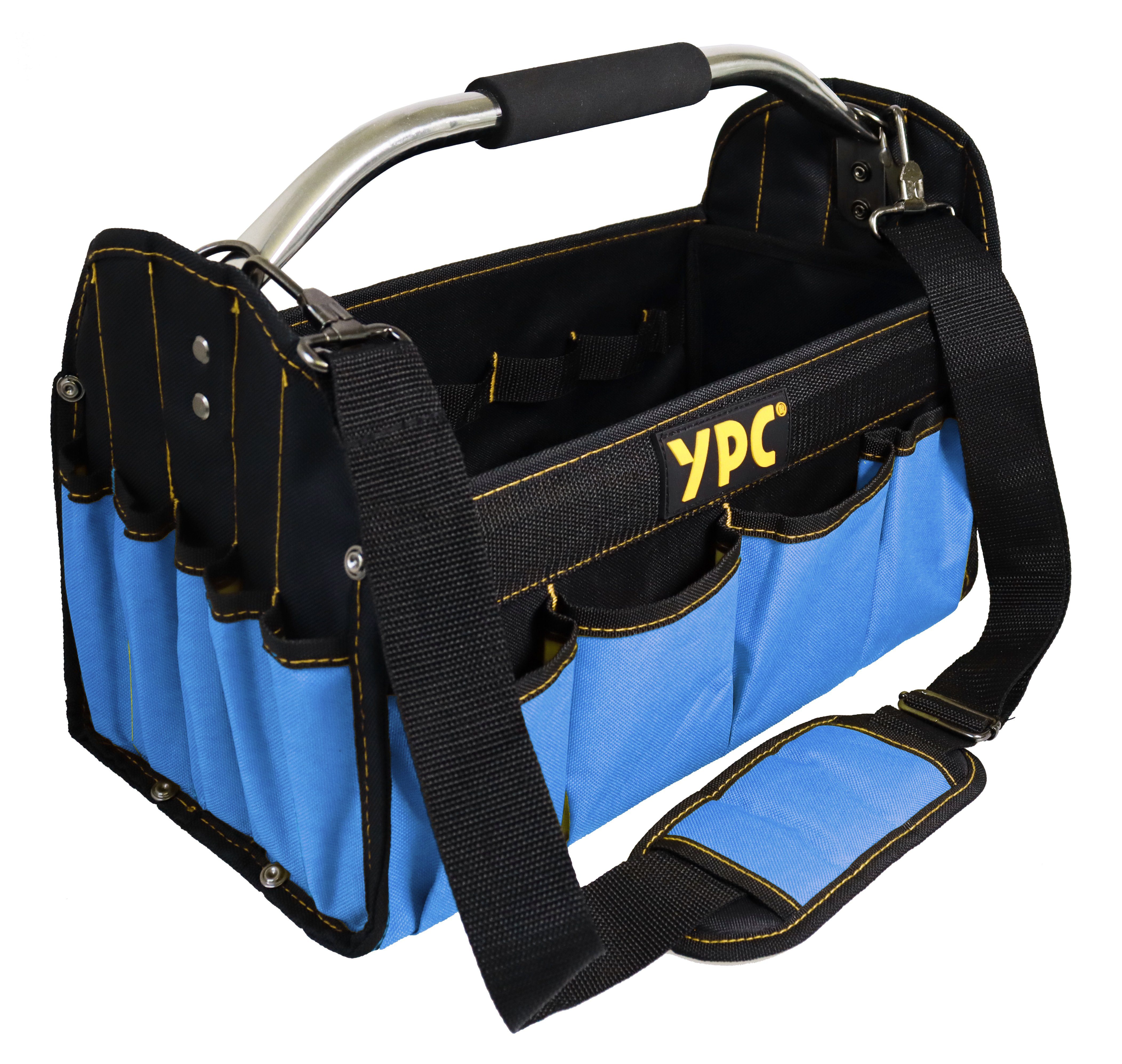 YPC Werkzeugtasche "Carrier" Werkzeugkorb XL, offene Werkzeugtasche mit  Metallgriff, 40,5x30x19,5cm, 20 kg Tragkraft, Tragetasche für Werkzeug mit  Haltern, Fächern und Einschüben