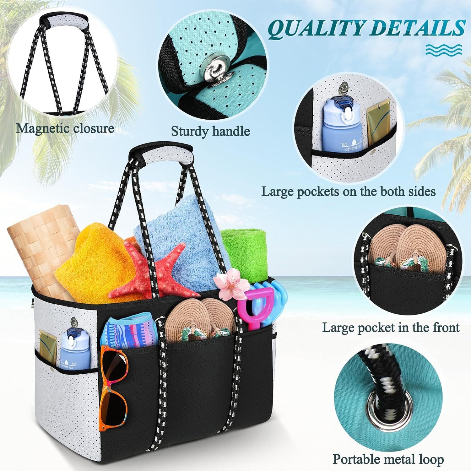 RAINSMORE XL-Strandtasche Strandtasche XXL 30L Neopren Badetasche Damen Mehrzweck Pool (Strandtasche 30L multifunktional Badetasche Damen Reise Shopper, 30L Strandtasche inkl. Organizerfächer für Damen Strand), Abnehmbares Bodenbrett Schnell trocknend