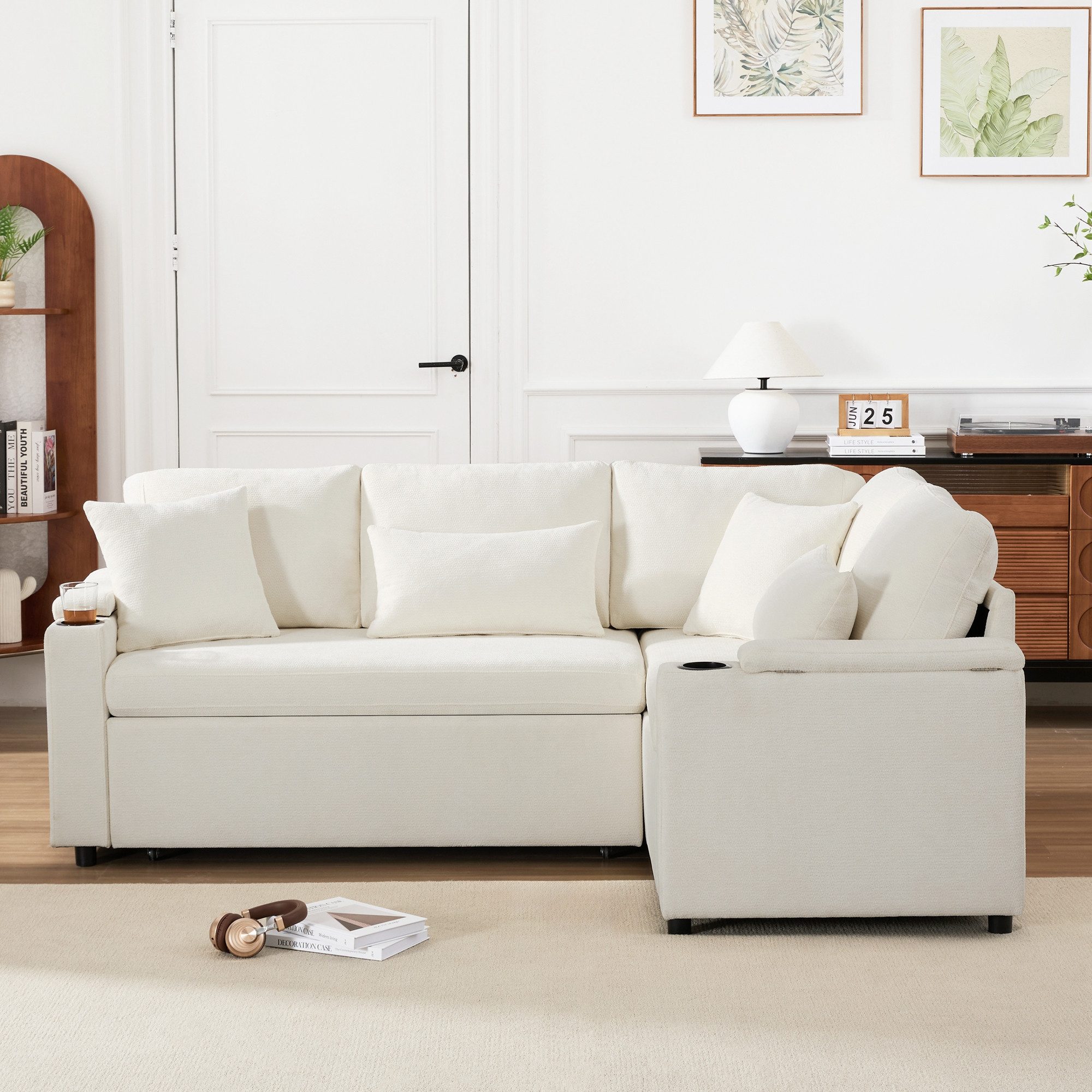 Merax Ecksofa L-förmiges ausziehbares Sofa mit USB-Anschluss, Schlafsofa 1 Teile, mit Stauraum, Getränkehalter, Armlehnenablage & 4 Kissen,Chenille-Samt