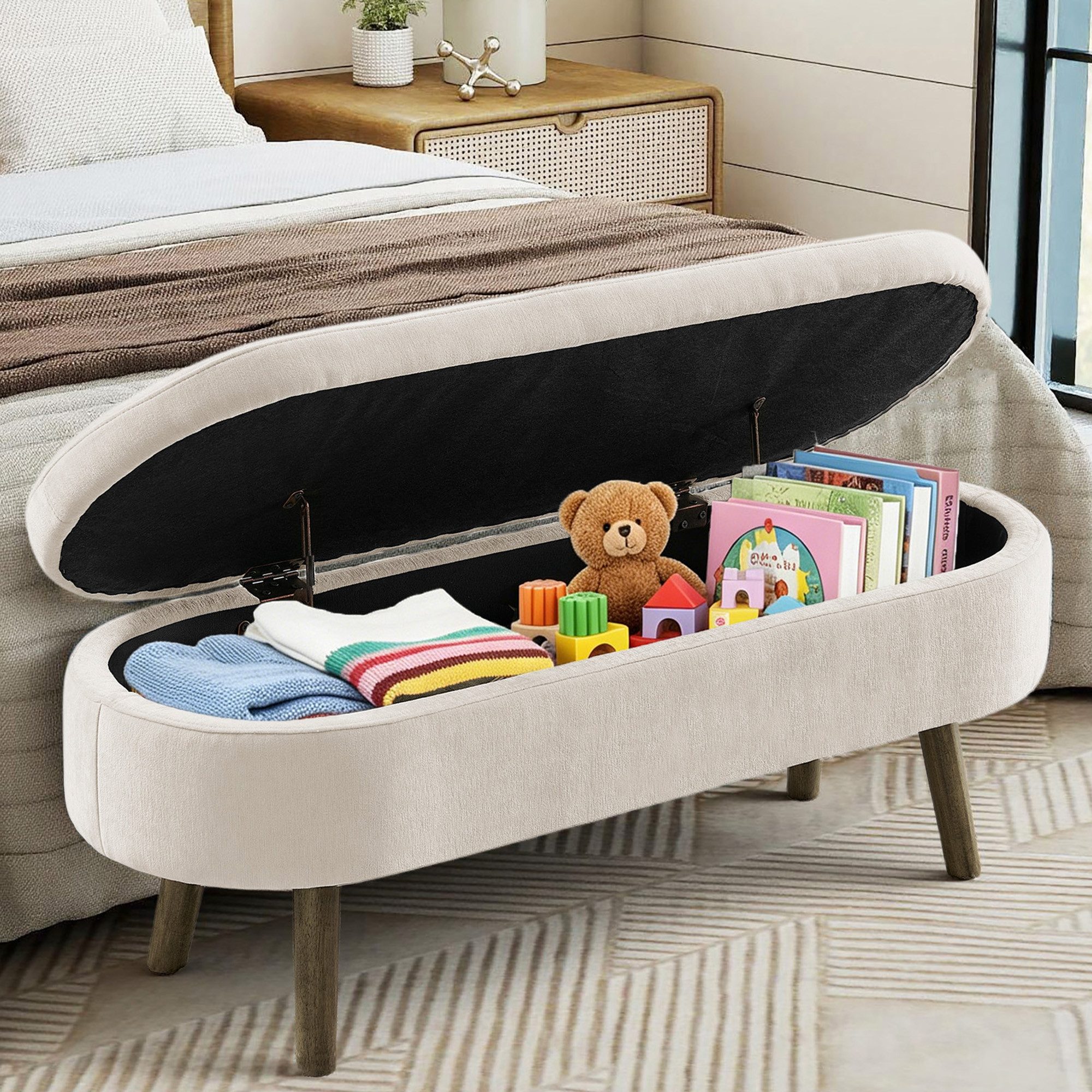 OKWISH Polsterbank 110x40x42 cm 20L Stauraum, Holzbeine & Massivholzrahmen (Packung, 1-St., Vielseitig als Schuhbank für Flur, Wohn- & Schlafzimmer), Aufbewahrungsbank 110x40x42cm in Beige (Chenille)