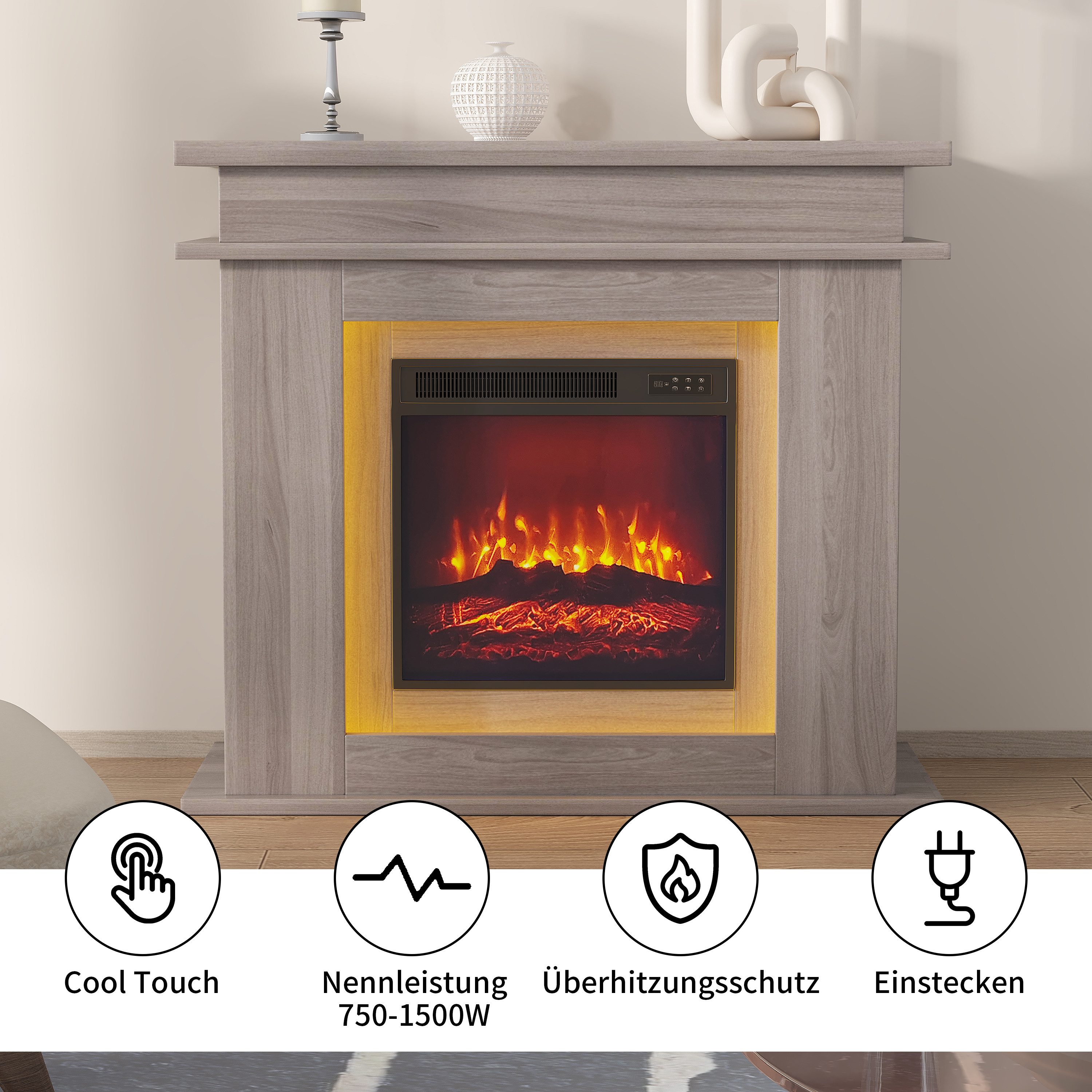 ADWOLT Kaminumbauschrank Kaminkonsole,Wandregal Kamingehäuse aus MDF (Holz Kaminumrandung Schrank im Landhaus Stil, Bräunlich-grau) 101x34.5x88.8 cm Deko Kamingehäuse mit Bräunlich-graue Holzmaserung