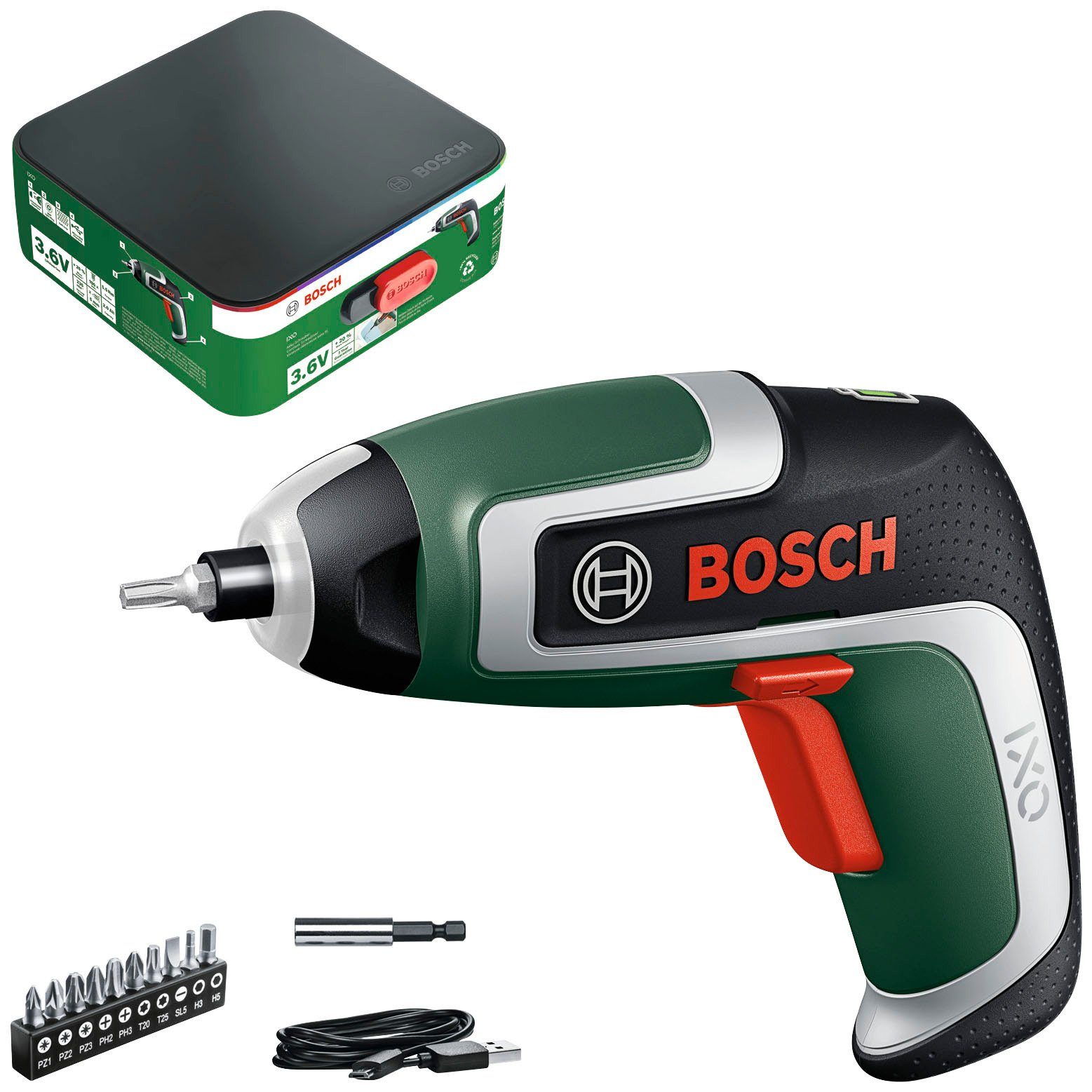 Bosch Home & Garden Akku-Schrauber IXO 7, 5,5 Nm, mit 10 Standard-Schrauberbits, Bit-Halter und Aufbewahrungsbox