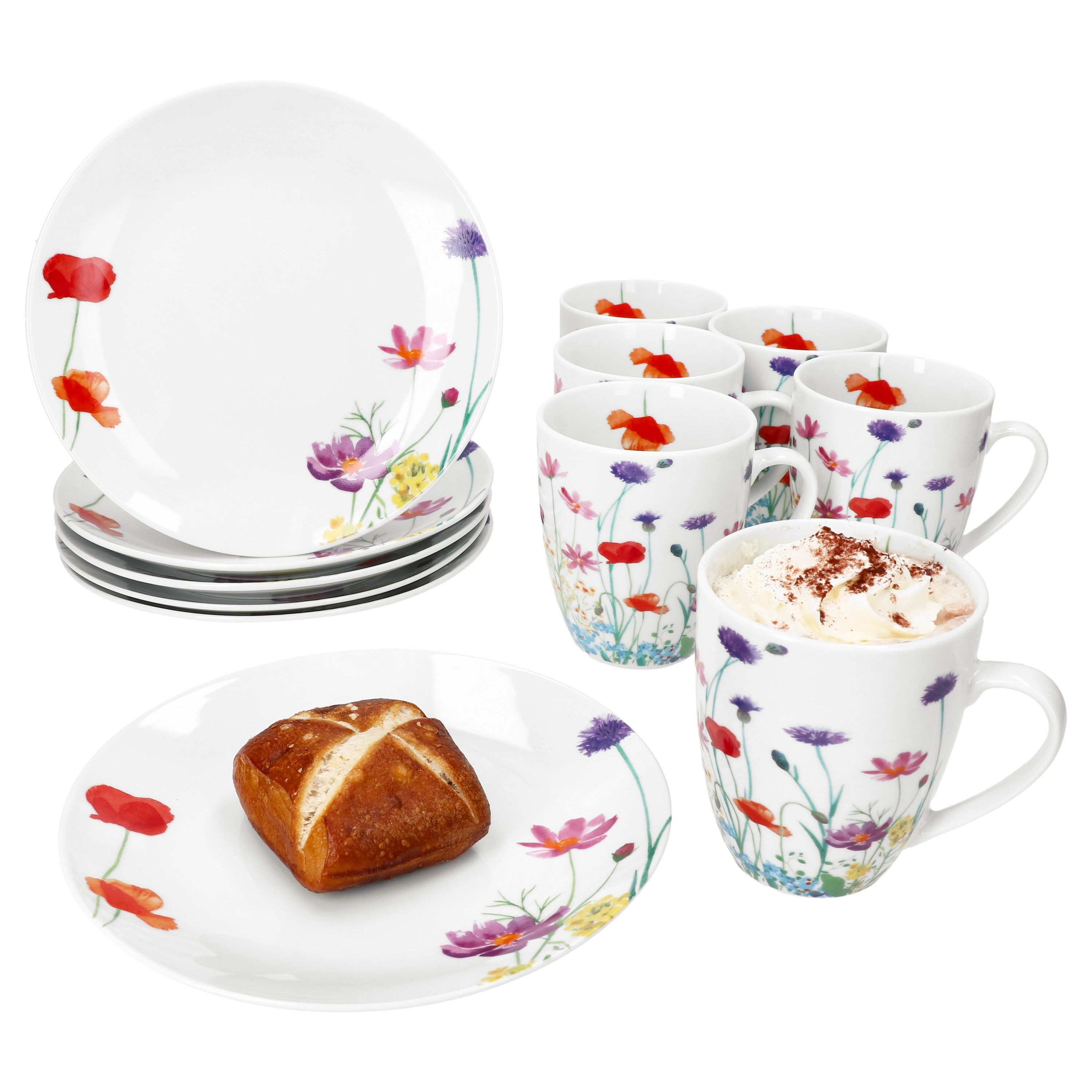 MamboCat Frühstücks-Geschirrset 12tlg Frühstücksset Marie Porzellan 6 Personen Teller Kaffeebecher, Porzellan