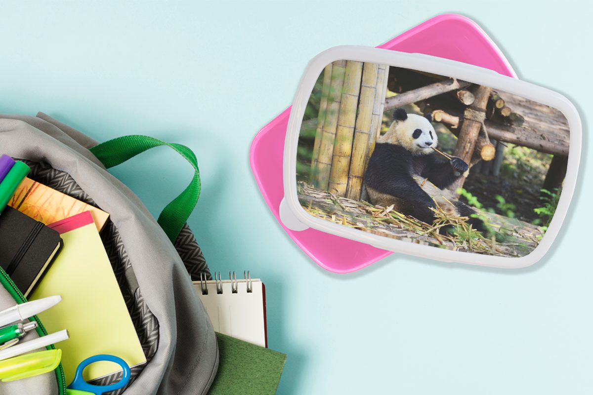 rosa Brotdose (2-tlg), Bambus, - Mädchen, Brotbox Lunchbox Kinder, - Panda Kunststoff MuchoWow für Kunststoff, Snackbox, Erwachsene, Holz