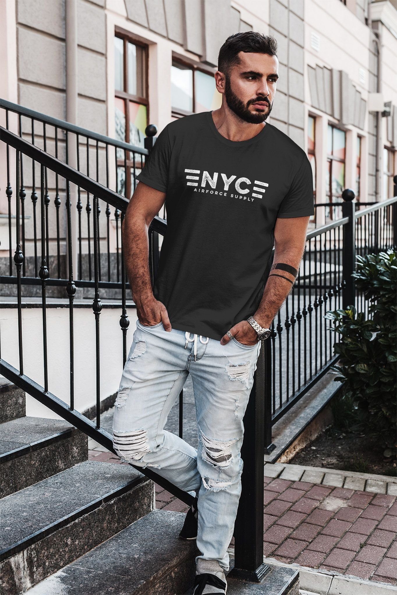 City schwarz York Print Airforce Neverless mit Herren Army Neverless® New T-Shirt Supply Aufdruck NYC Print-Shirt Print