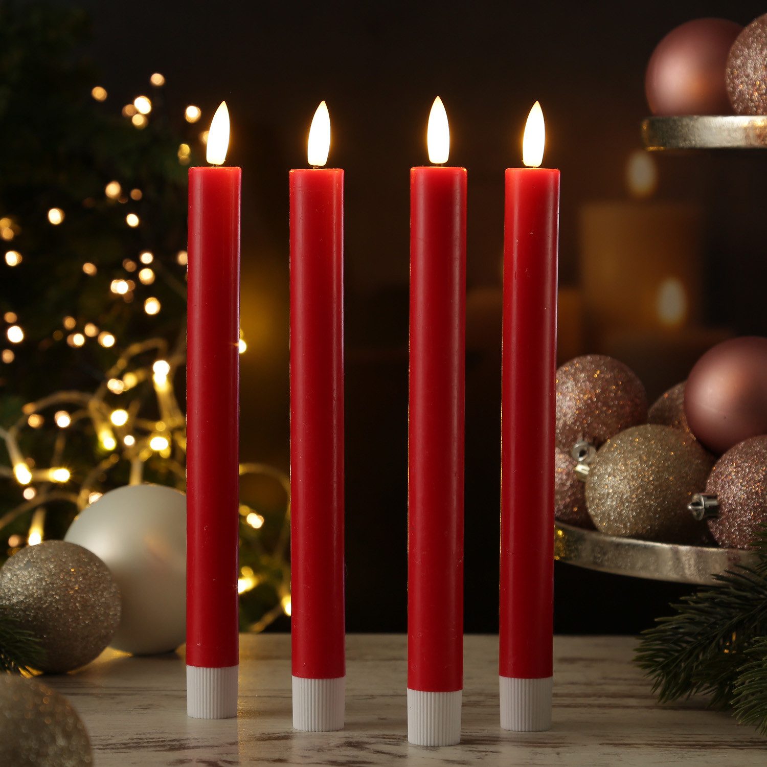 MARELIDA LED-Kerze LED Stabkerzen LISA Tafelkerzen Dinnerkerzen wiederaufladbar rot 4St., LED Classic, warmweiß (2100K bis 3000K)