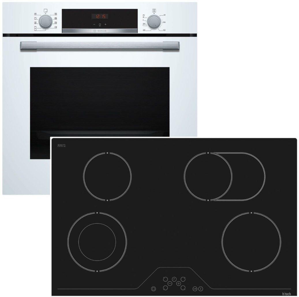 BOSCH Backofen-Set Weiss Kochfeld 3D Heissluft Glaskeramik Zweikreiszone rahmenlos htech, Hydrolyse
