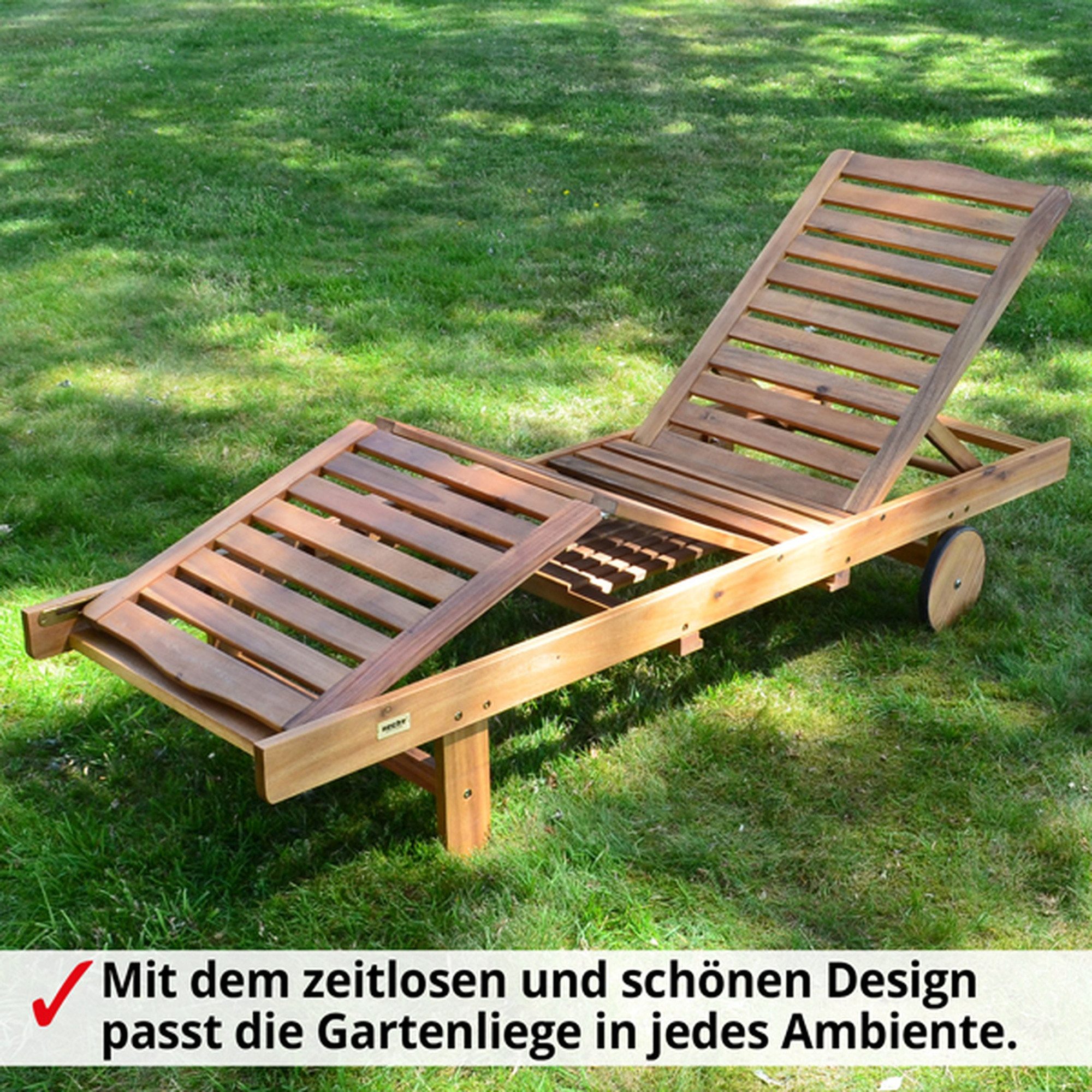 Hecht Gartenliege Resort A, Akazienholz, 199 x 62 x 30 cm (L x B x H), Ausziehbare Tische