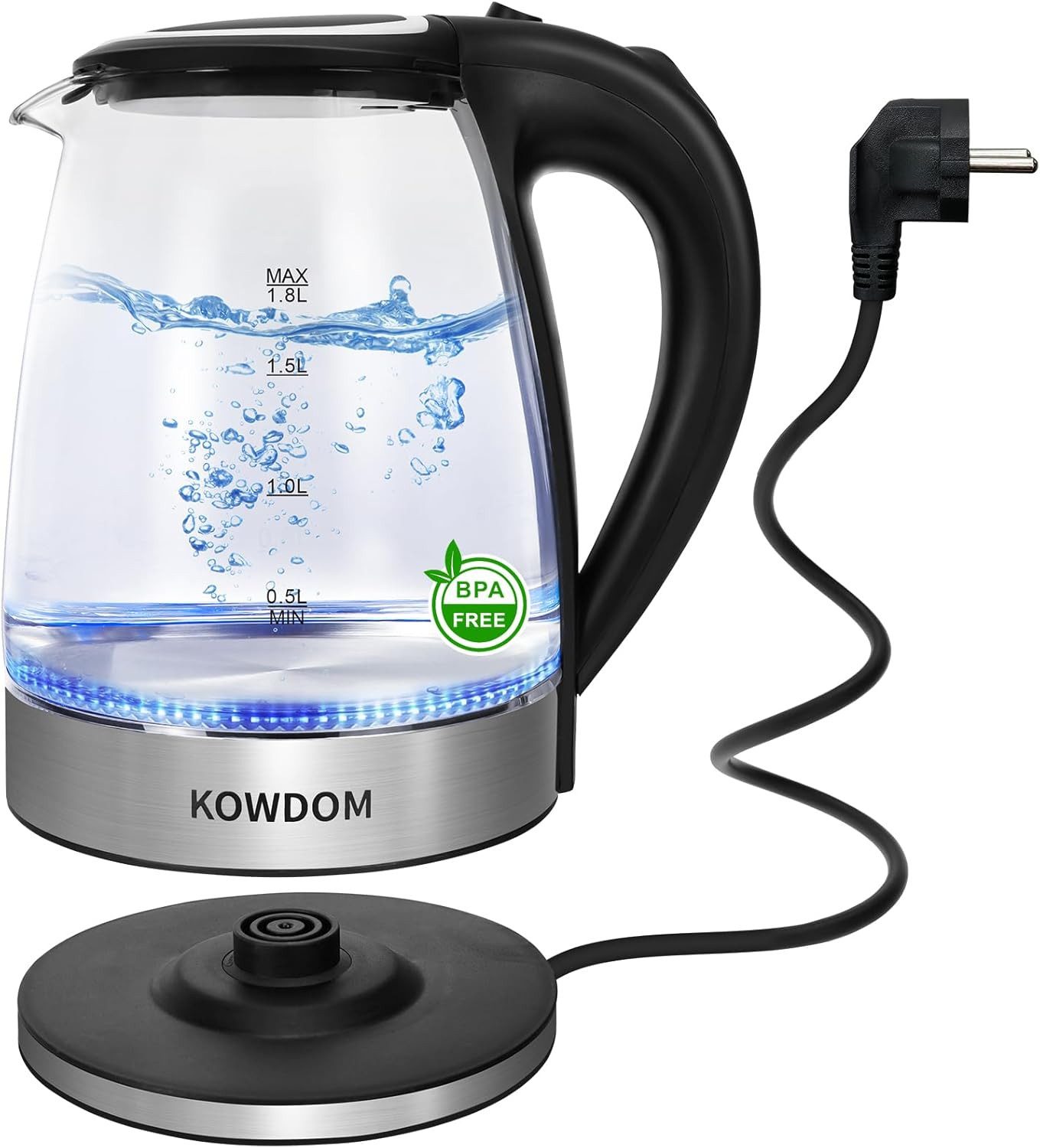 kowdom Wasserkocher Glas 1,8L 2200W BPA-frei Schnellkochfunktion LED Abschaltung Haushalt, 2200 W, BPA-frei, Borosilikatglas, Kompakt, Beidhändig geeignet