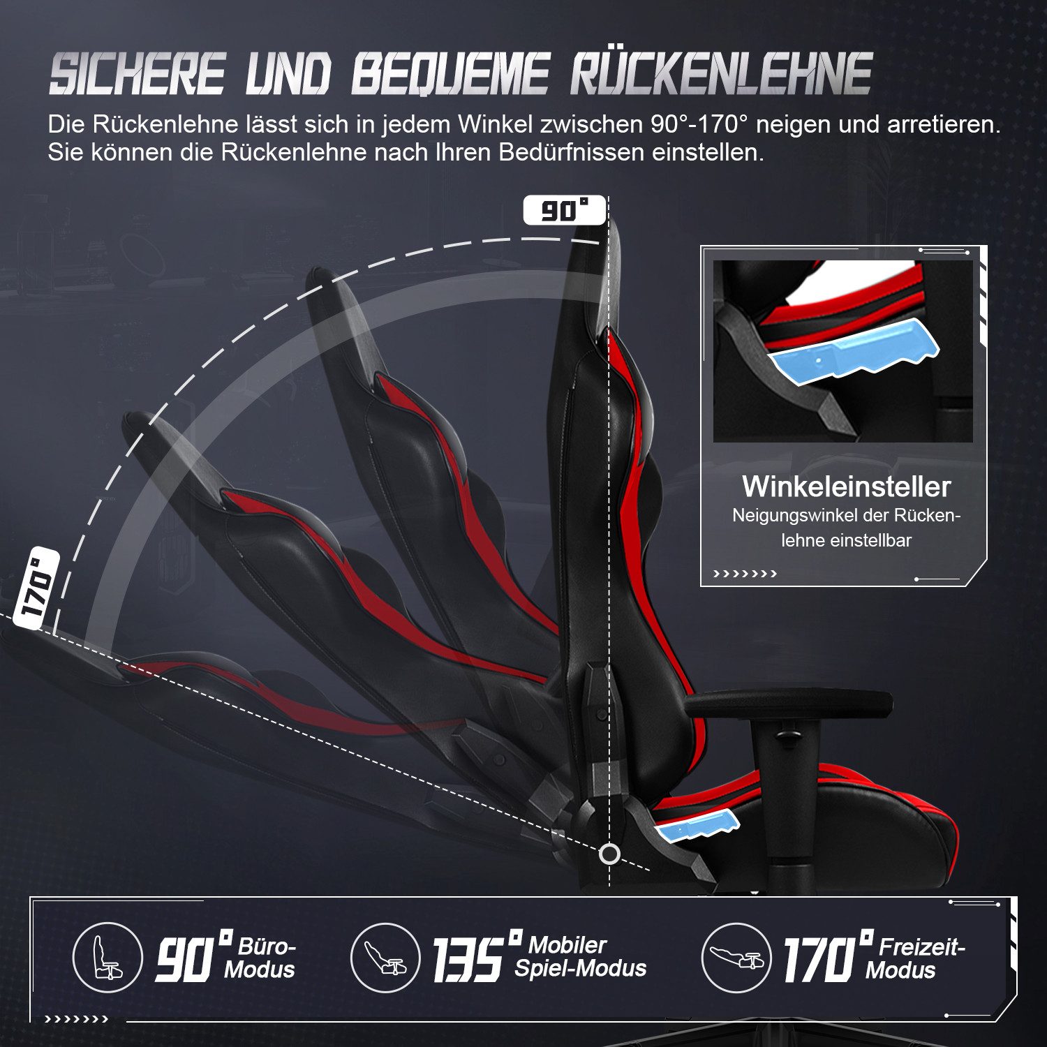 Adormii Gaming-Stuhl Gaming stuhl mit verstellbaren Armlehnen, ergonomisch gaming chair (90°–170° neigbar und arretierbar, gamingstuhl mit gepolsterter Kopfstüt – Bild 2 von 5