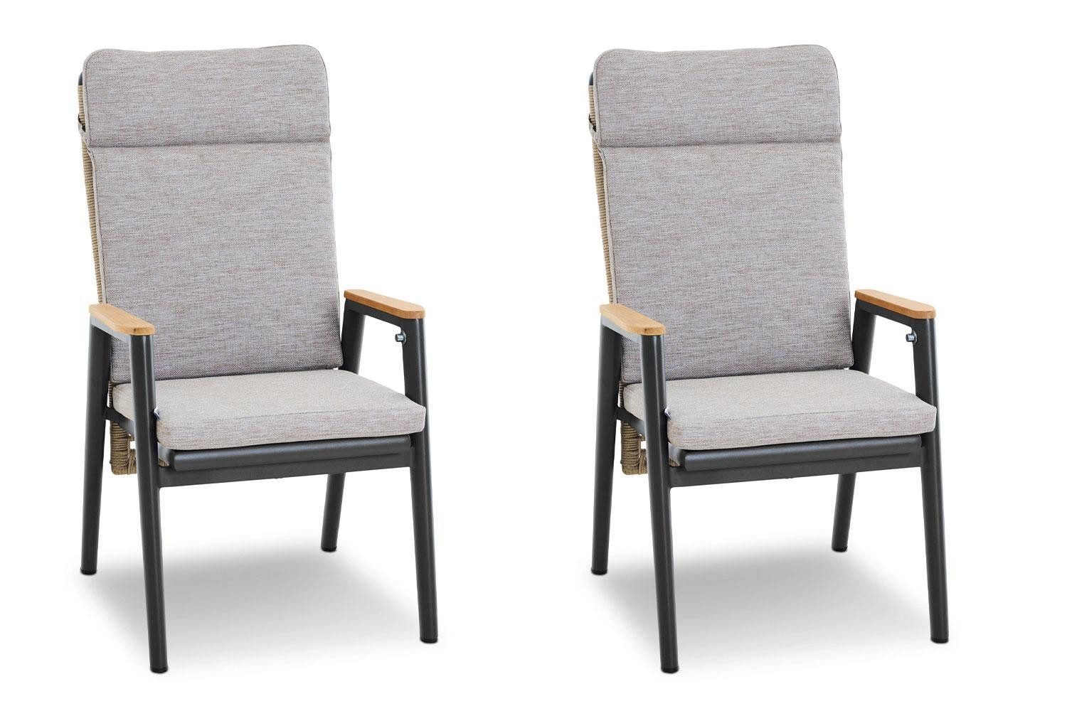 MONDO Gartenstuhl LATEA, Anthrazit, Grau, Taupe, Aluminium, (Set, 2 St), Teakholz, Seil, verstellbare Rückenlehne, B 83 x H 108 x T 60,5 cm