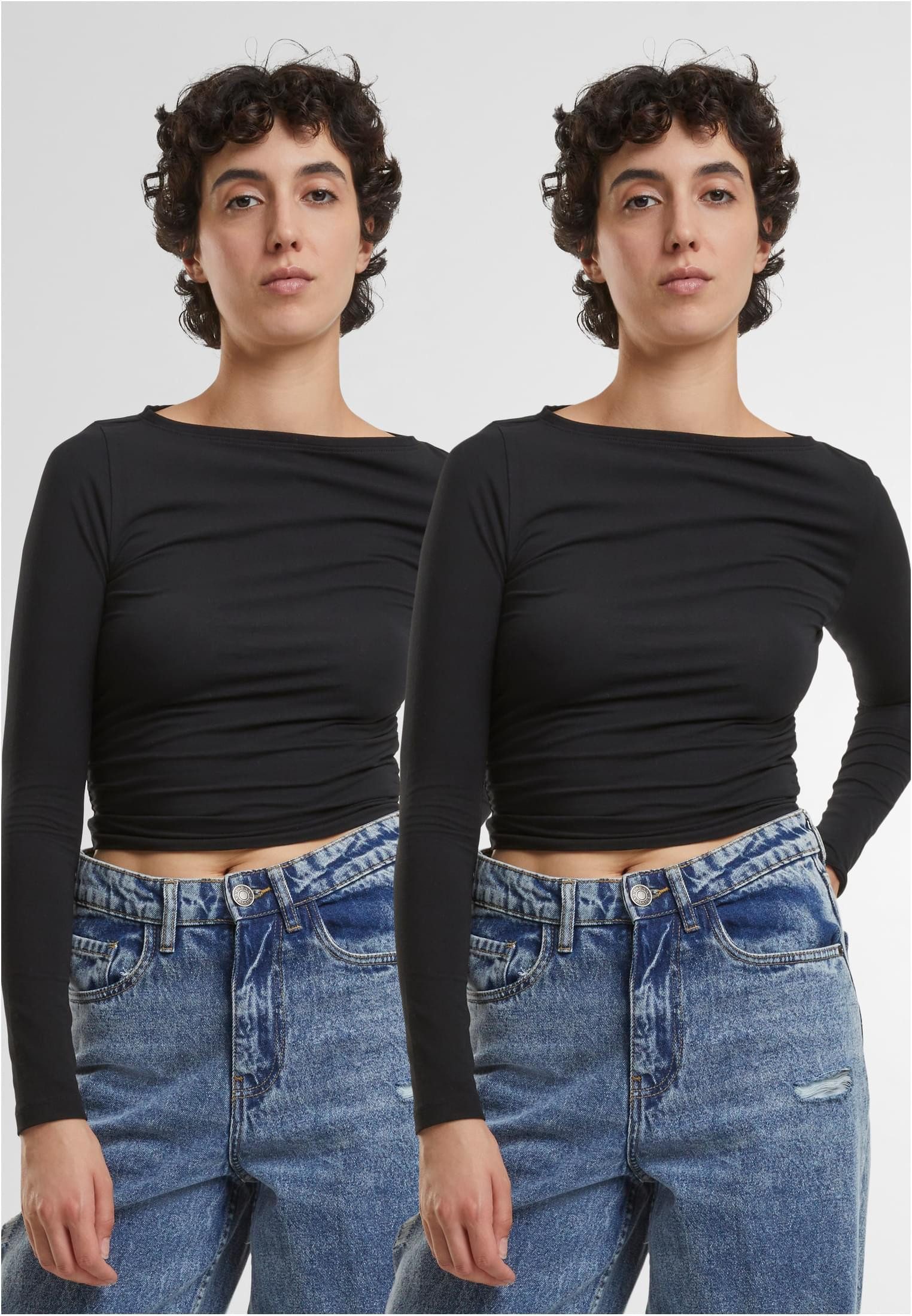 URBAN CLASSICS Longsleeve Ladies Ruffled Super Slim Longsleeve 2-Pack Damen Langarm