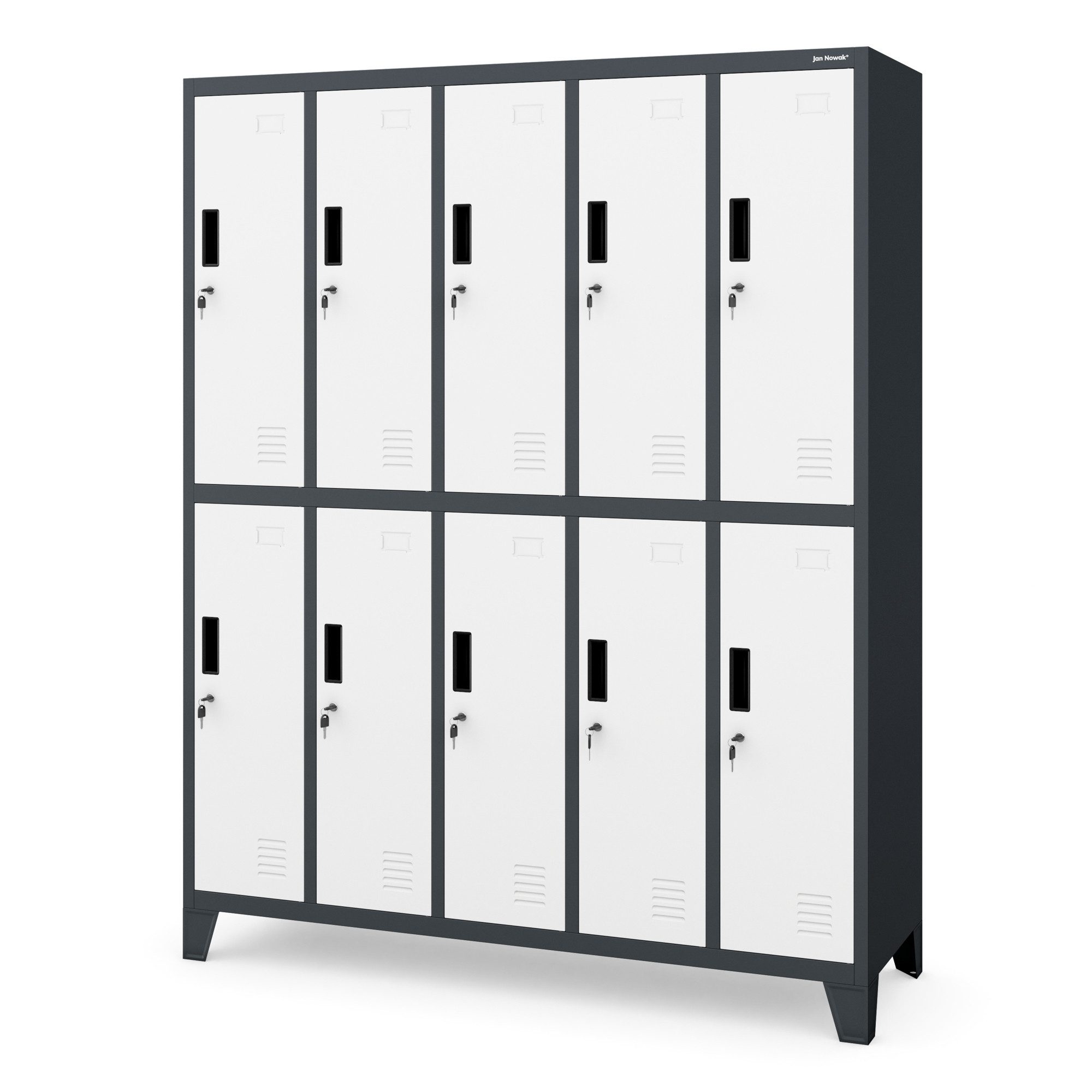 Jan Nowak Mehrzweckschrank Metall Kleiderspind 136 cm BARTEK 10 Fächer abschließbar Stahl (Stahl pulverbeschichtet PZH-zertifiziert) Garderobenschrank Schloss je Fach hoch robust 12 Farben PZH