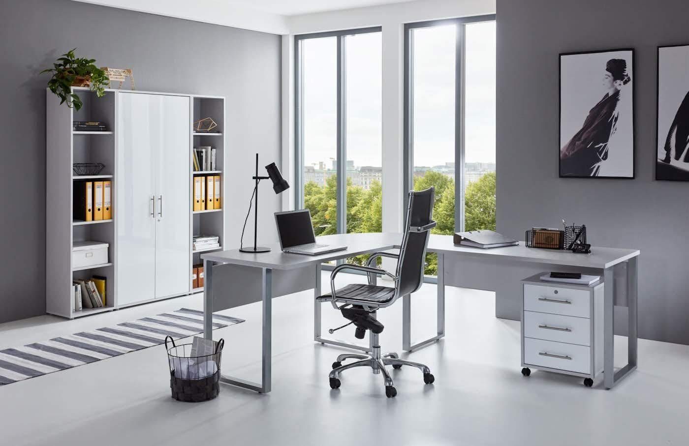 Büro-Set Hochglanz 6-St) Tabor (Set, 3, Office BMG grau/weiß Möbel