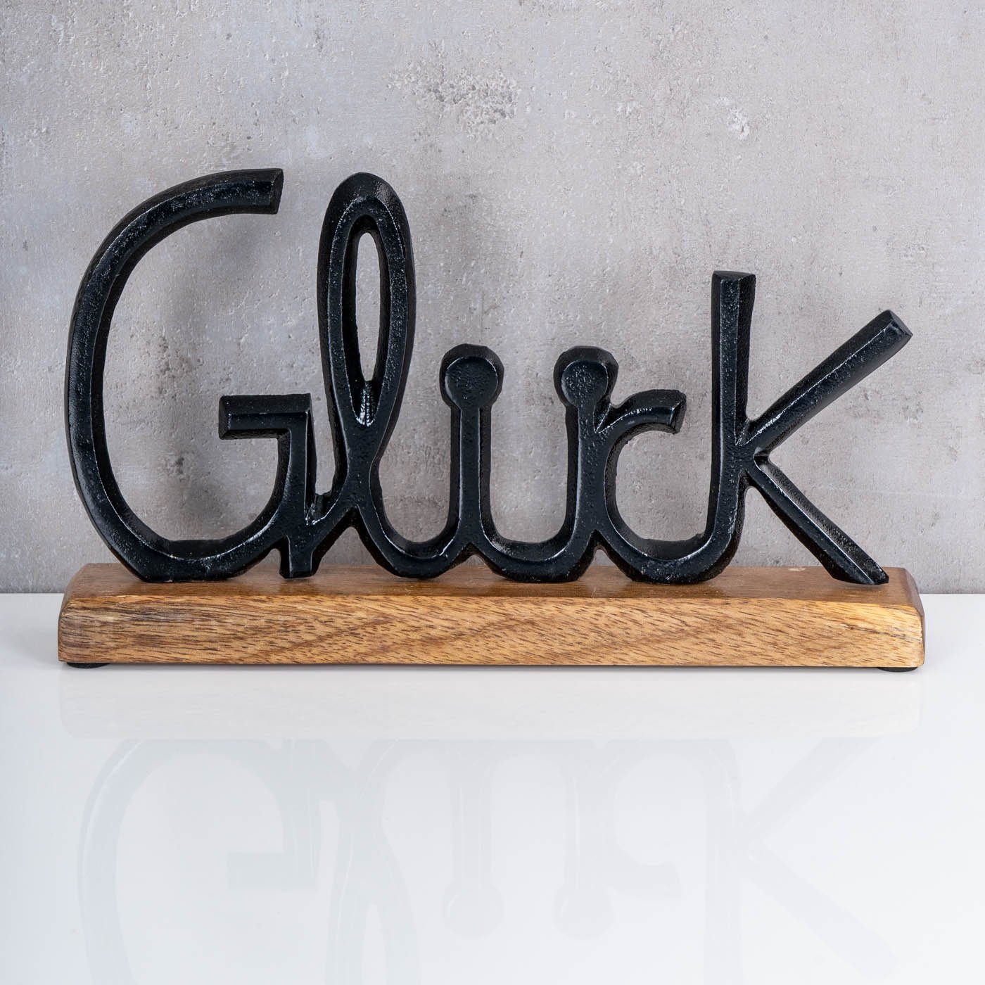 Levandeo® Deko-Schriftzug, Schriftzug Glück L30cm Metall Schwarz Mango Holz Tischdeko Deko