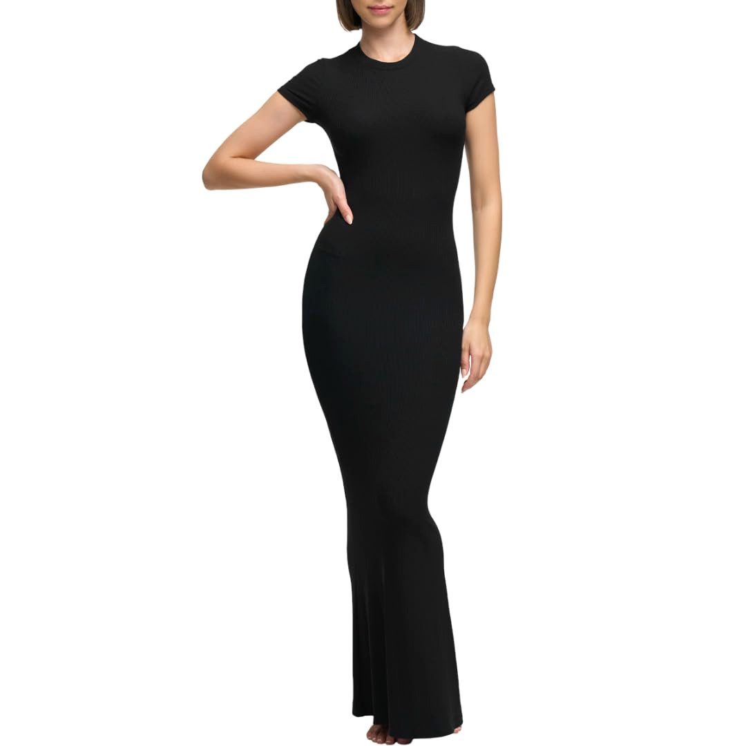 cfab by creamy fabrics Jerseykleid Ribbed T-Shirt Maxikleid-Schwarz-2XL (1-tlg)