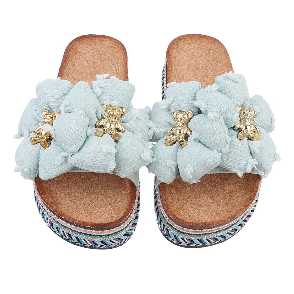 Ital-Design Stylische Damen-Sandalen mit Blumen und Korksohle Plateausandaletten (89368627) Flach Pantoletten in Hellgrün