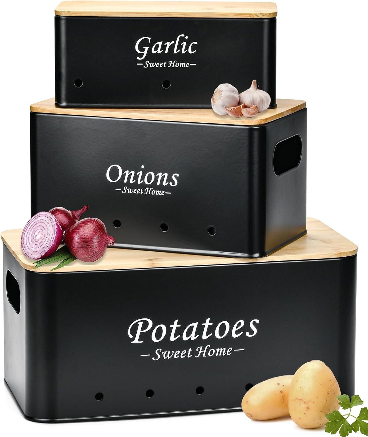 Kityhome Vorratsdose 3er Set Kartoffel Aufbewahrungsbox, Zwiebel Kartoffel Knoblauch, (drei Größen), Aufbewahrung Mit Deckel, aus Eisen, Hält Gemüse länger frisch