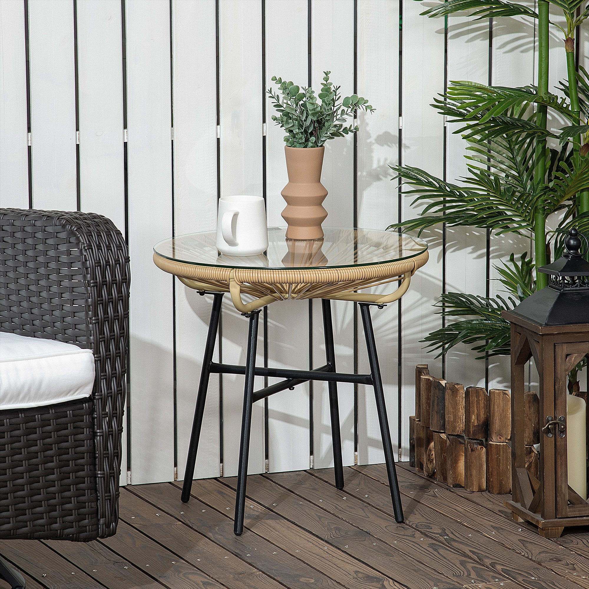 CHICFURN Gartentisch Bistrotisch rund Ø50 cm Beistelltisch (Packung, 1-St., Rattan Design, Schwarz + Beige), Für Terrasse und Balkon