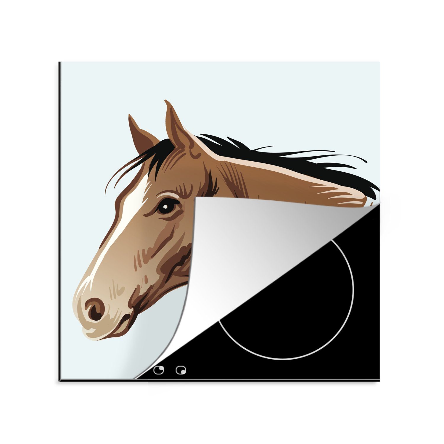 MuchoWow Herdblende-/Abdeckplatte Illustration des Kopfes eines braunen Pferdes für Kinder, Vinyl, (1 tlg), 78x78 cm, Ceranfeldabdeckung, Arbeitsplatte für küche