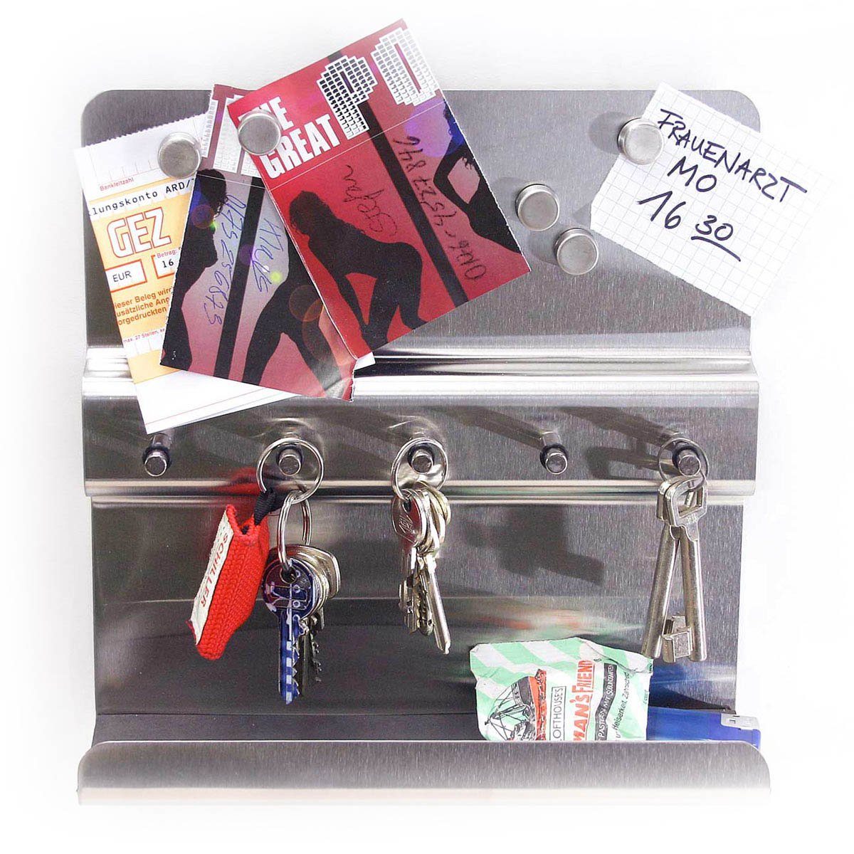 Goods+Gadgets Schlüsselbrett Schlüsselbrett Schlüsseltafel mit Pinnwand aus Edelstahl & 5 Magneten, (inkl. 5 Magnete), Schlüssel Wandbrett