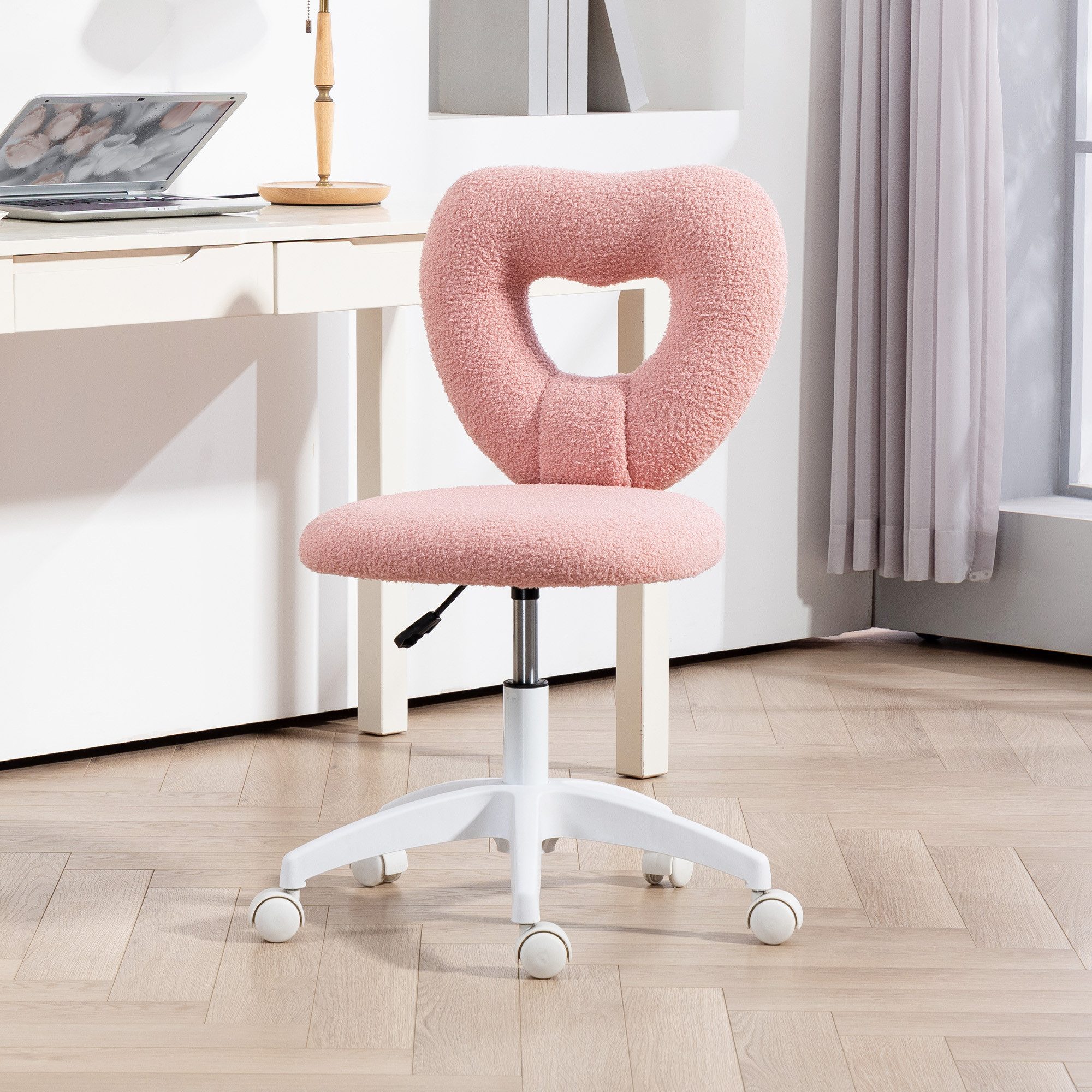 OKWISH Bürostuhl Schreibtischstuhl in Rosa, Teddy-Fleece mit herzförmiger Rückenlehne (Schminktisch-Stuhl Höhenverstellbarer Drehstuhl ohne Armlehnen für Homeoffice, 1 St), für Arbeitszimmer, Schlafzimmer & Büro, weich & komfortabel
