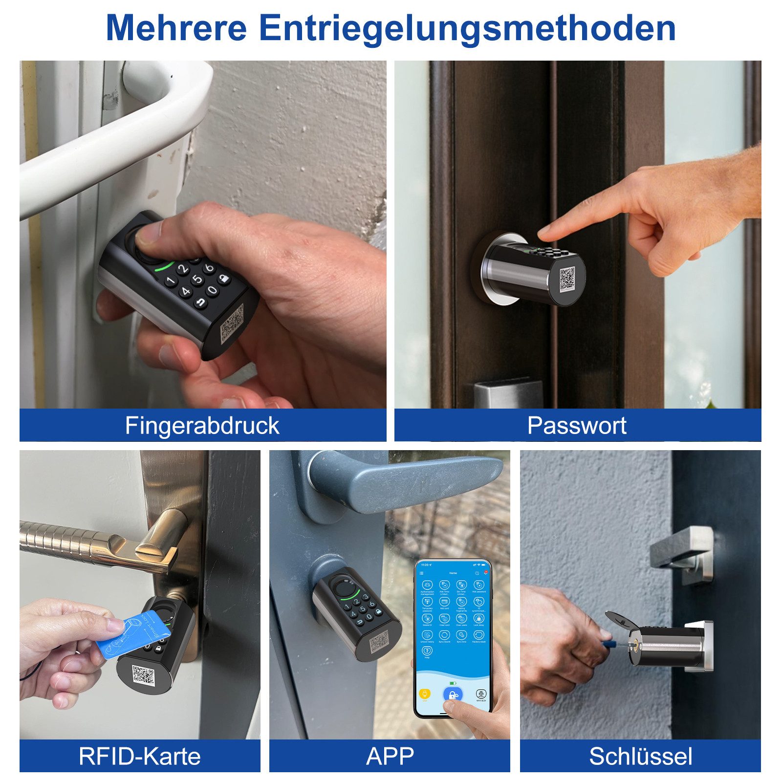 WE.LOCK Schließzylinder WELOCK Türschloss Fingerabdruck TOUCAKEY71 für 60-90 mm Türen, (Packung, Türschloss x1, RFID-Karte x3, Schlüssel x2, Anleitung x1,Zubehörbox x1), Fingerabdruck, Dauer-/Temp-Passwort, RFID, App, Schlüssel, Fernöffnung