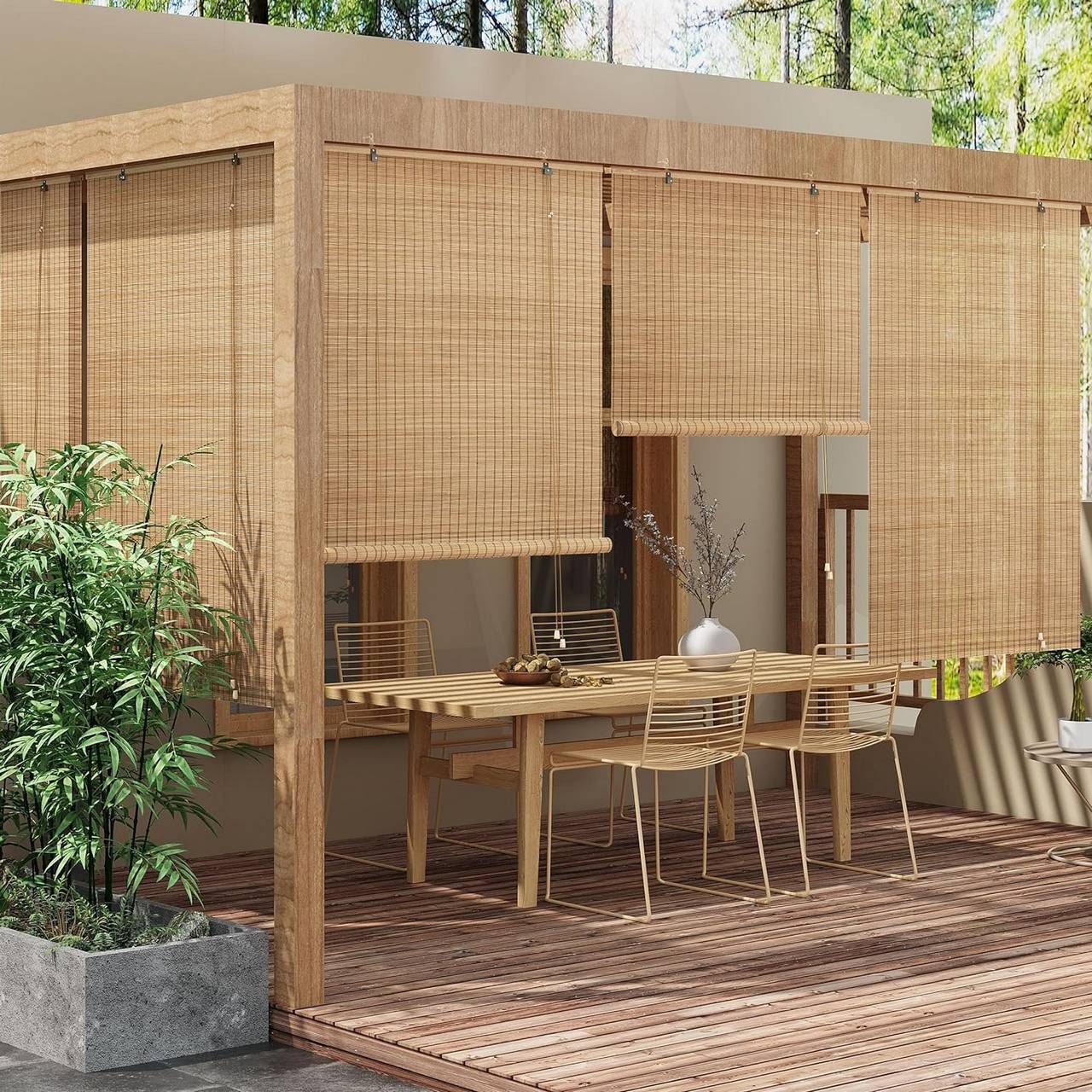 Rollo, Woltu, blickdicht, Mit Bohren, Bambusrollo Sonnenschutz Seitenzugrollo, für Fenster Tür Terrasse