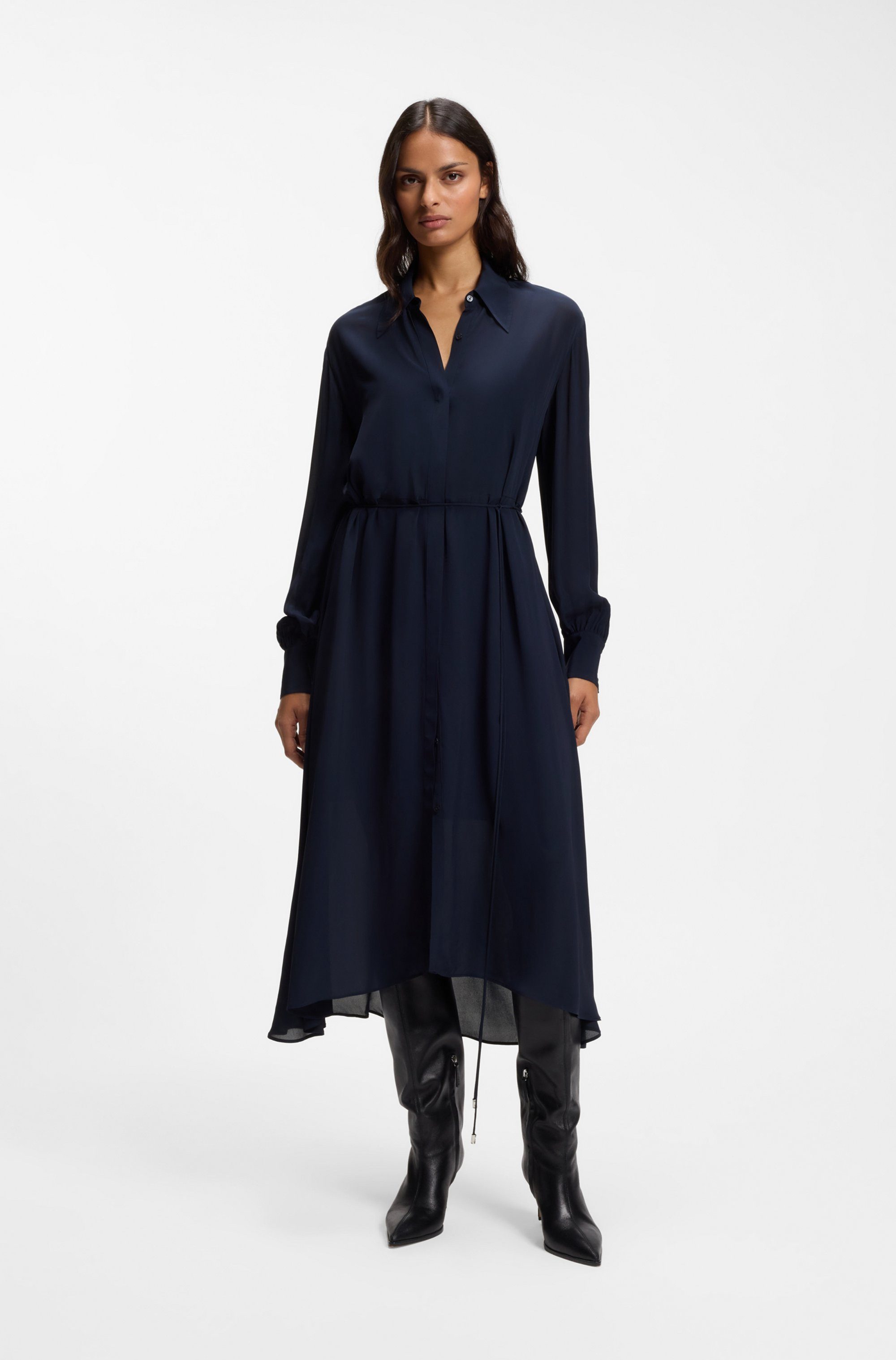 BOSS ORANGE Hemdblusenkleid Dristella Premium Damenmode aus Crêpe de Chine, Midi-Länge