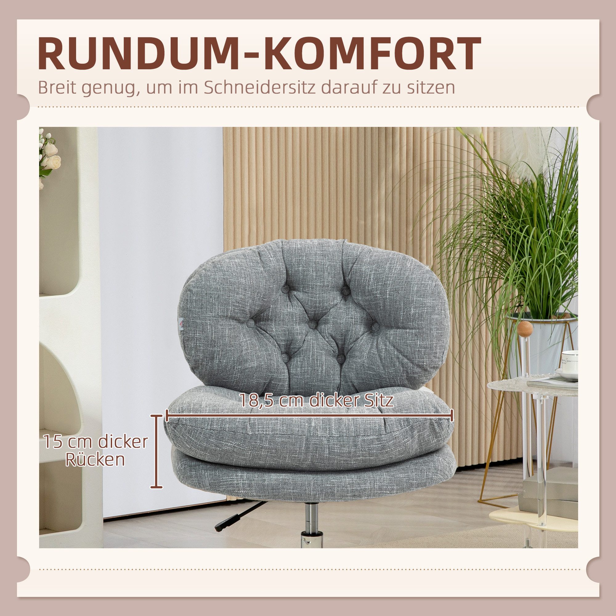 HOMCOM Bürostuhl Schreibtischstuhl breite Sitzfläche, Schneidersitz-Stuhl ergonomisch (Drehstuhl, 1 St), mit Leinenoptik, für Home-Office, Grau – Bild 4 von 5